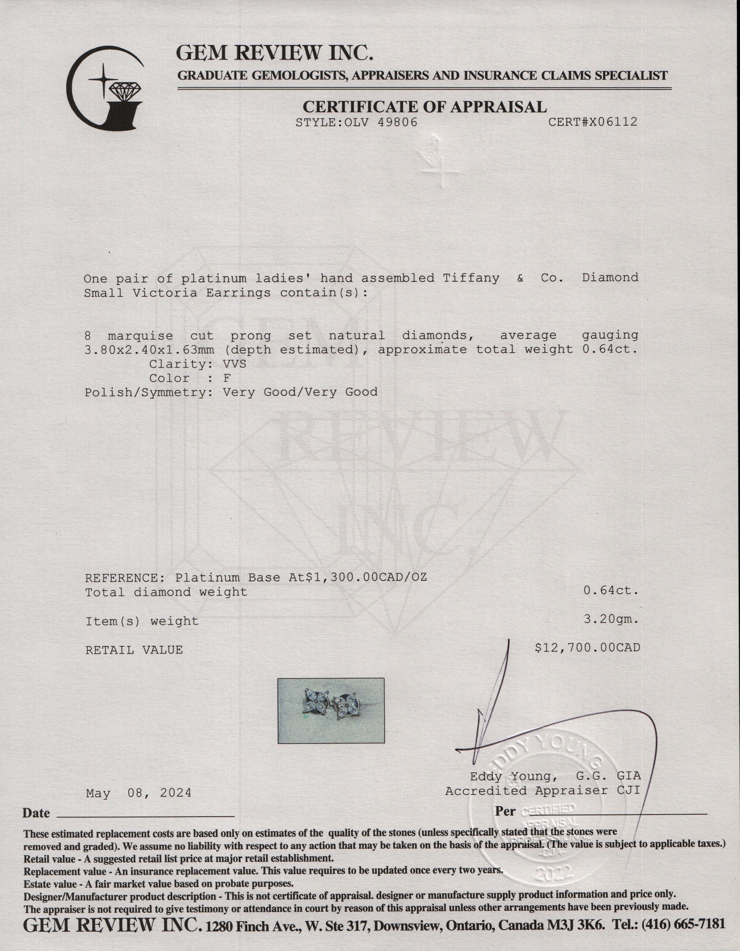 Tiffany & Co. Platinum Diamond Small Victoria Earrings w/ Receipt