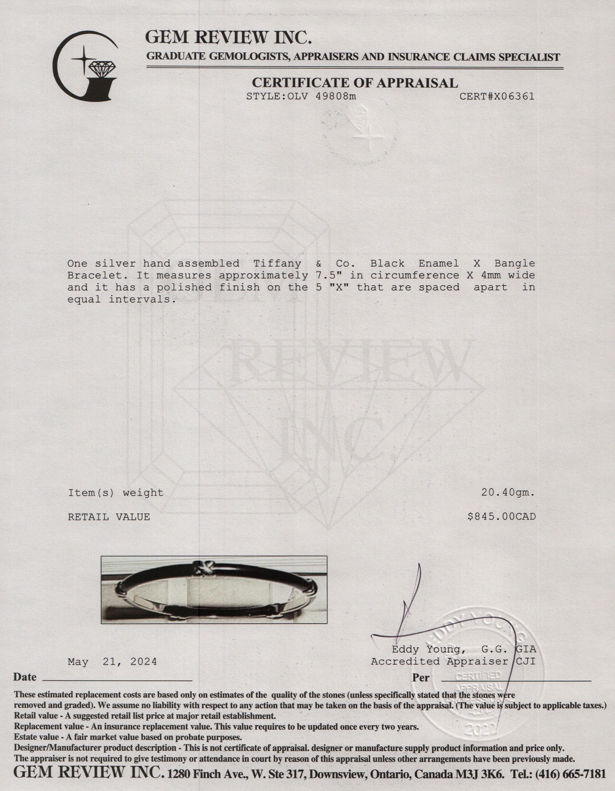 Tiffany & Co. Sterling Silver Black Enamel X Bangle Bracelet