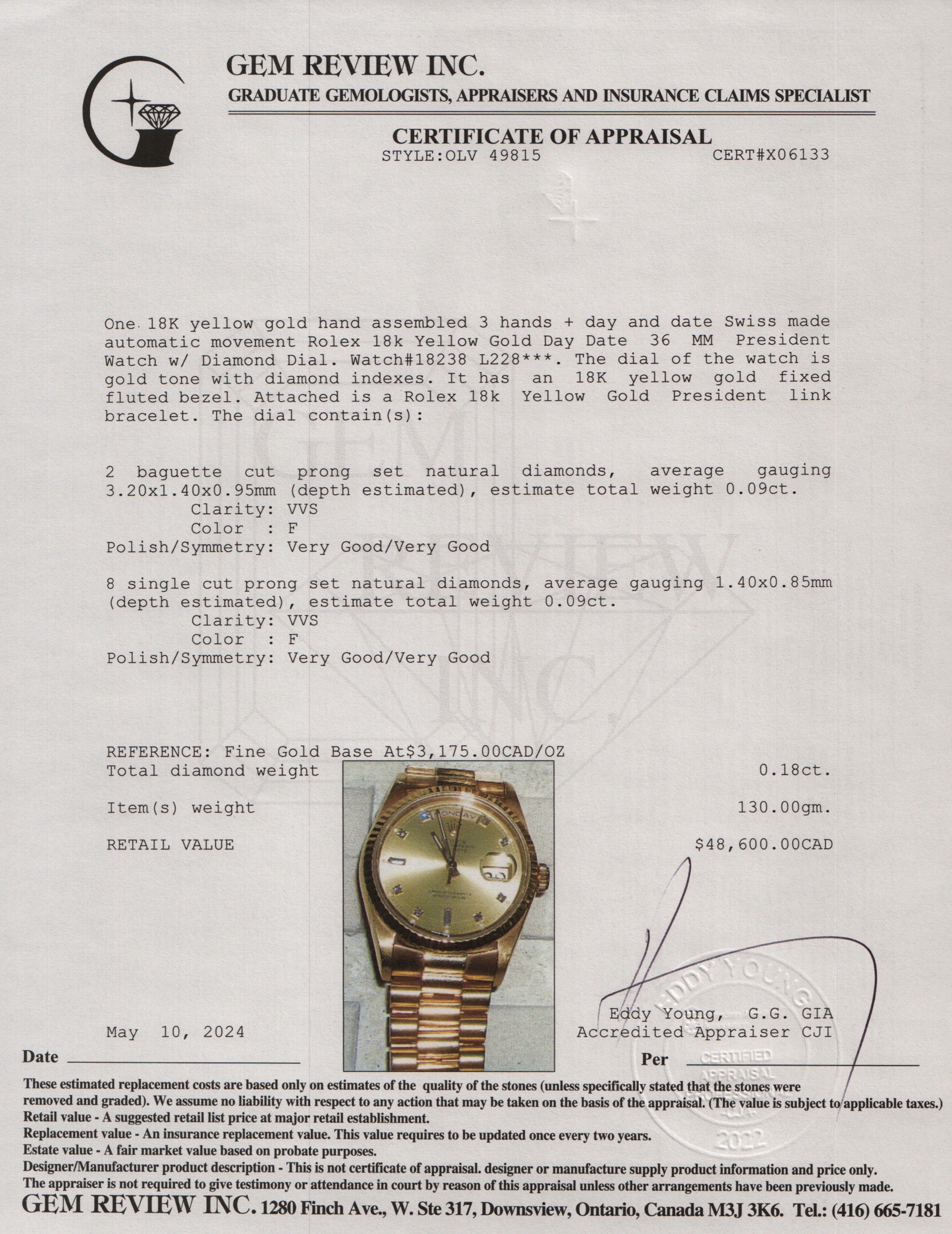 Rolex 18k Yellow Gold Day Date 36 MM President Watch w/ Diamond Dial 18238 w/ Box