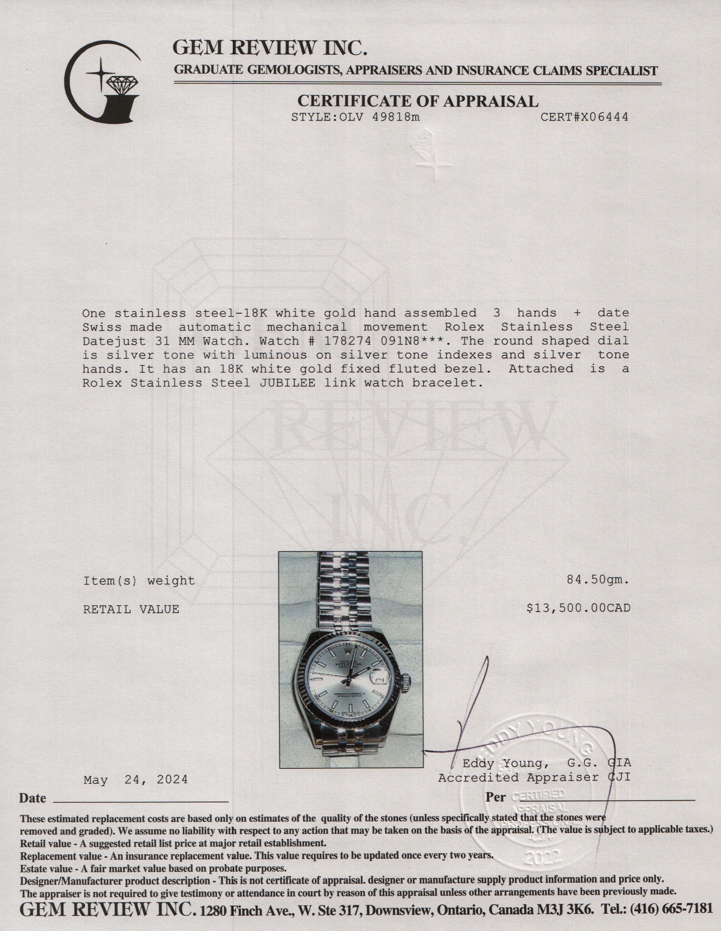 Rolex Stainless Steel Datejust 31 MM Watch 178274 w/ Box & Papers