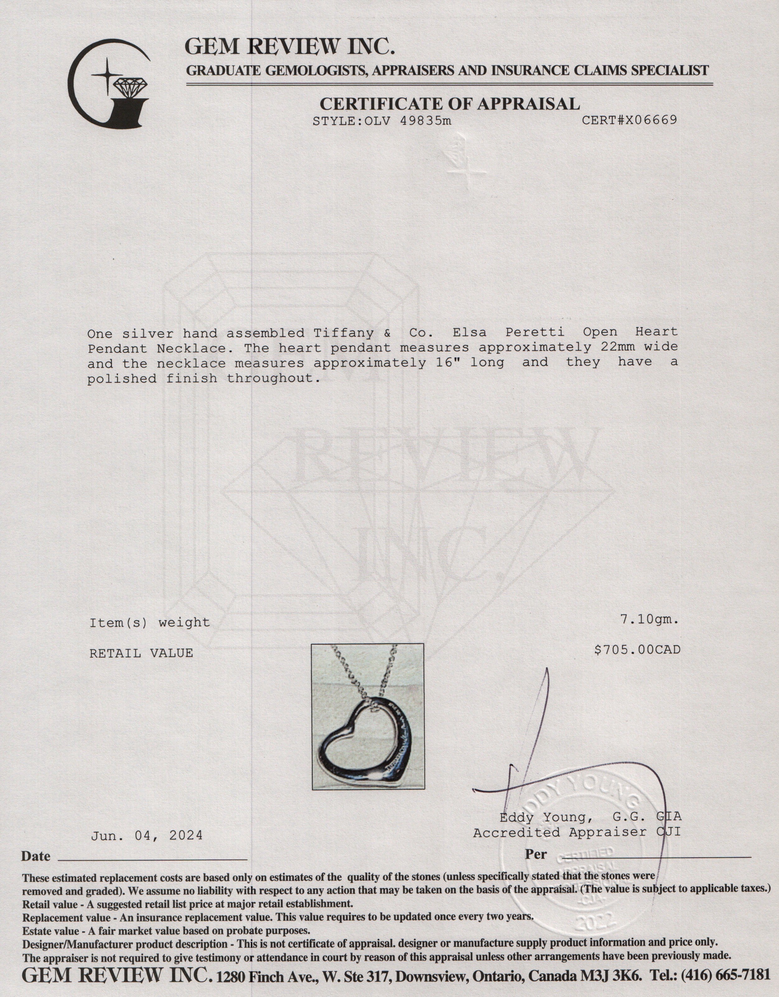 Tiffany & Co. Sterling Silver Elsa Peretti Open Heart Pendant Necklace, 22 MM