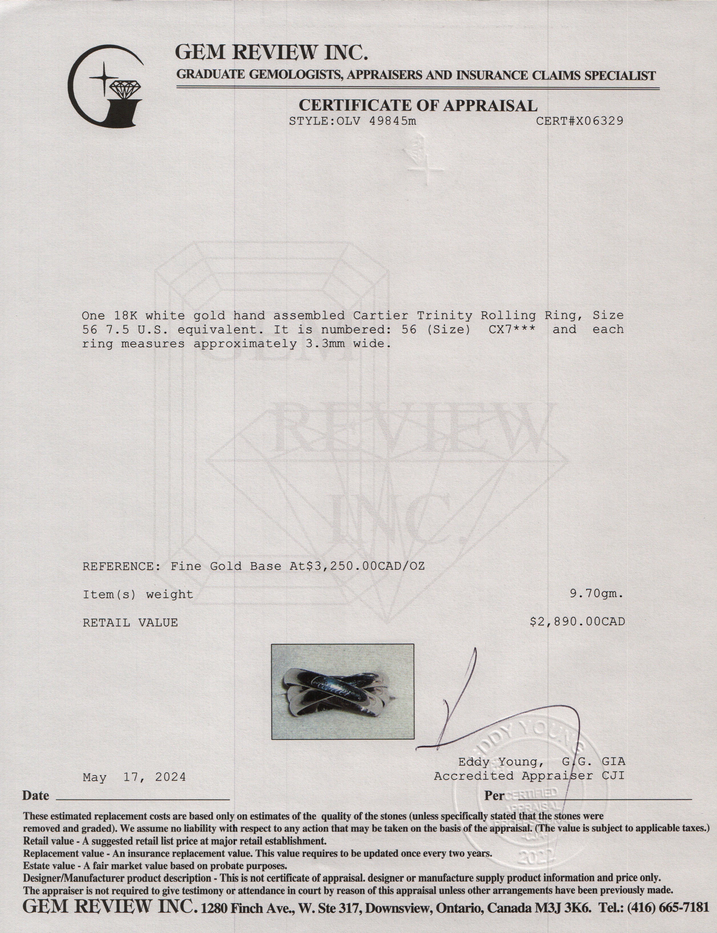 Cartier 18k White Gold Trinity Rolling Ring, Size 56 7.5