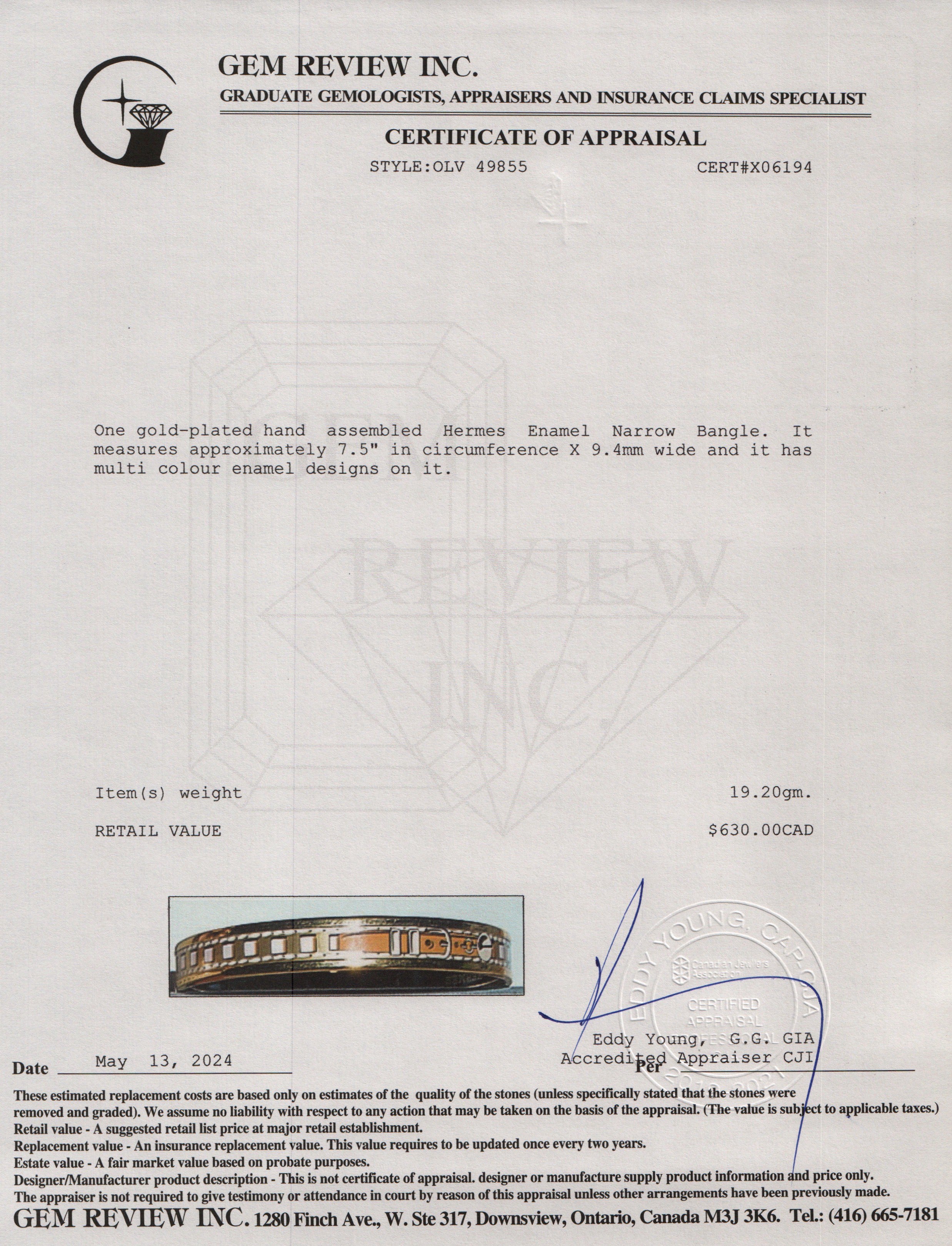 Hermes Gold-Plated Enamel Narrow Bangle