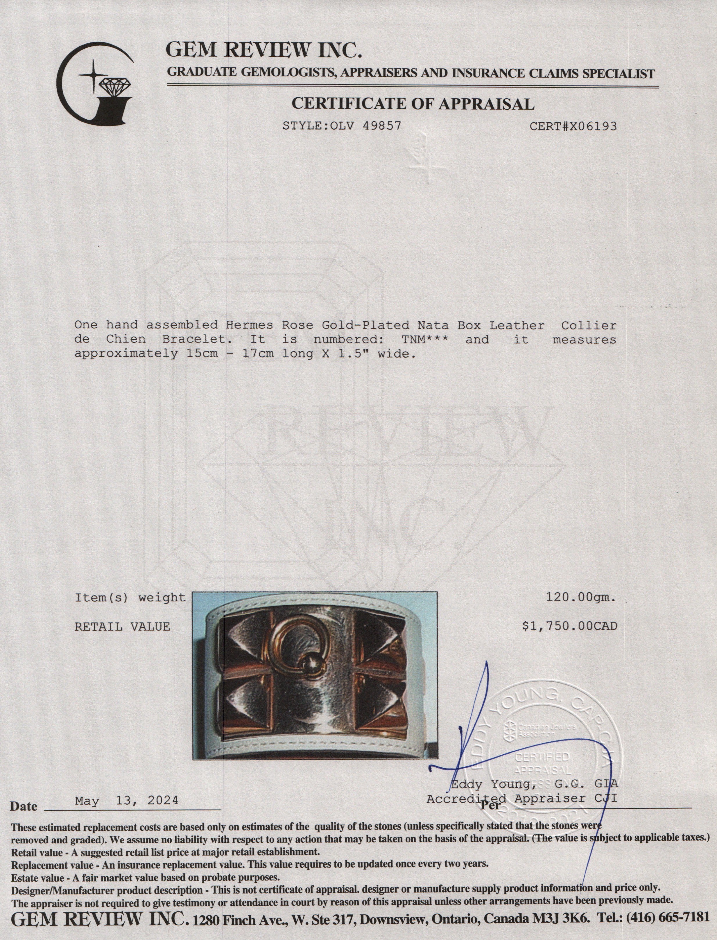 Hermes Rose Gold-Plated Nata Box Leather Collier de Chien Bracelet w/ Box