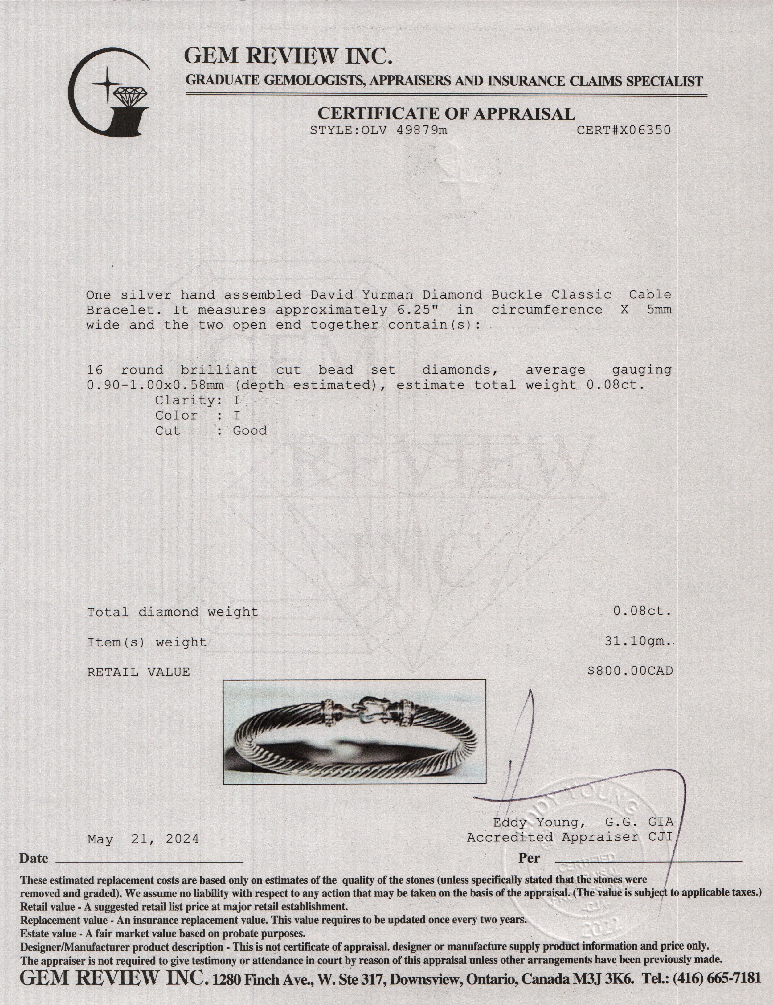 David Yurman Sterling Silver Diamond 5MM Buckle Classic Cable Bracelet