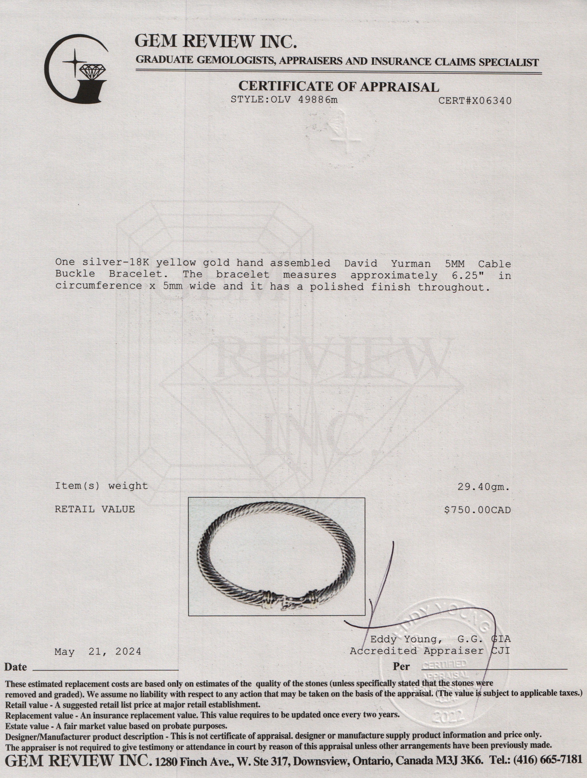 David Yurman Sterling Silver & 18k Yellow Gold 5MM Cable Buckle Bracelet