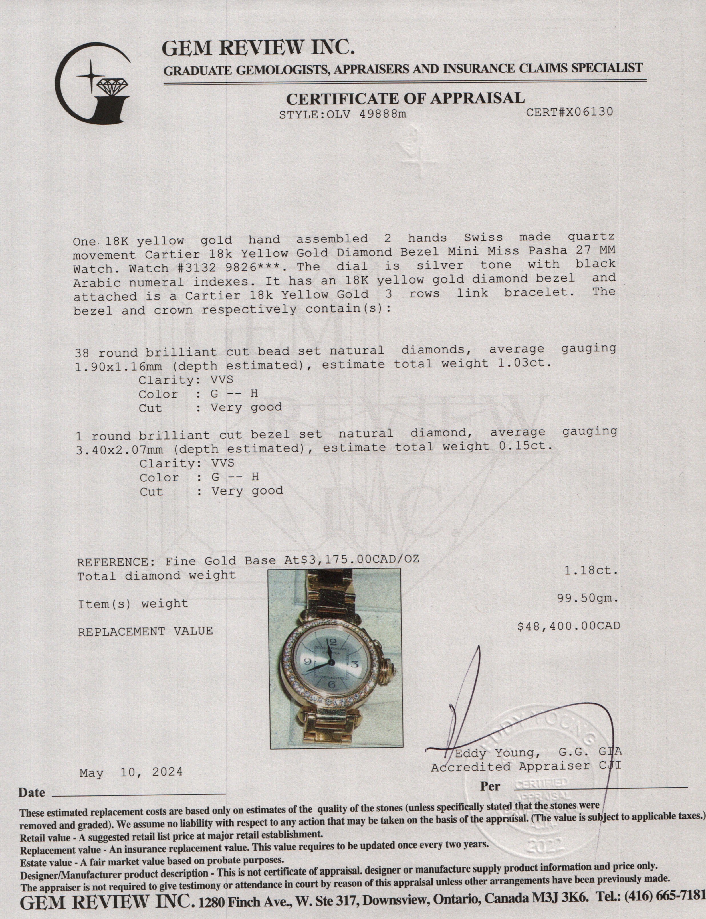 Cartier 18k Yellow Gold Diamond Bezel Mini Miss Pasha 27 MM Watch