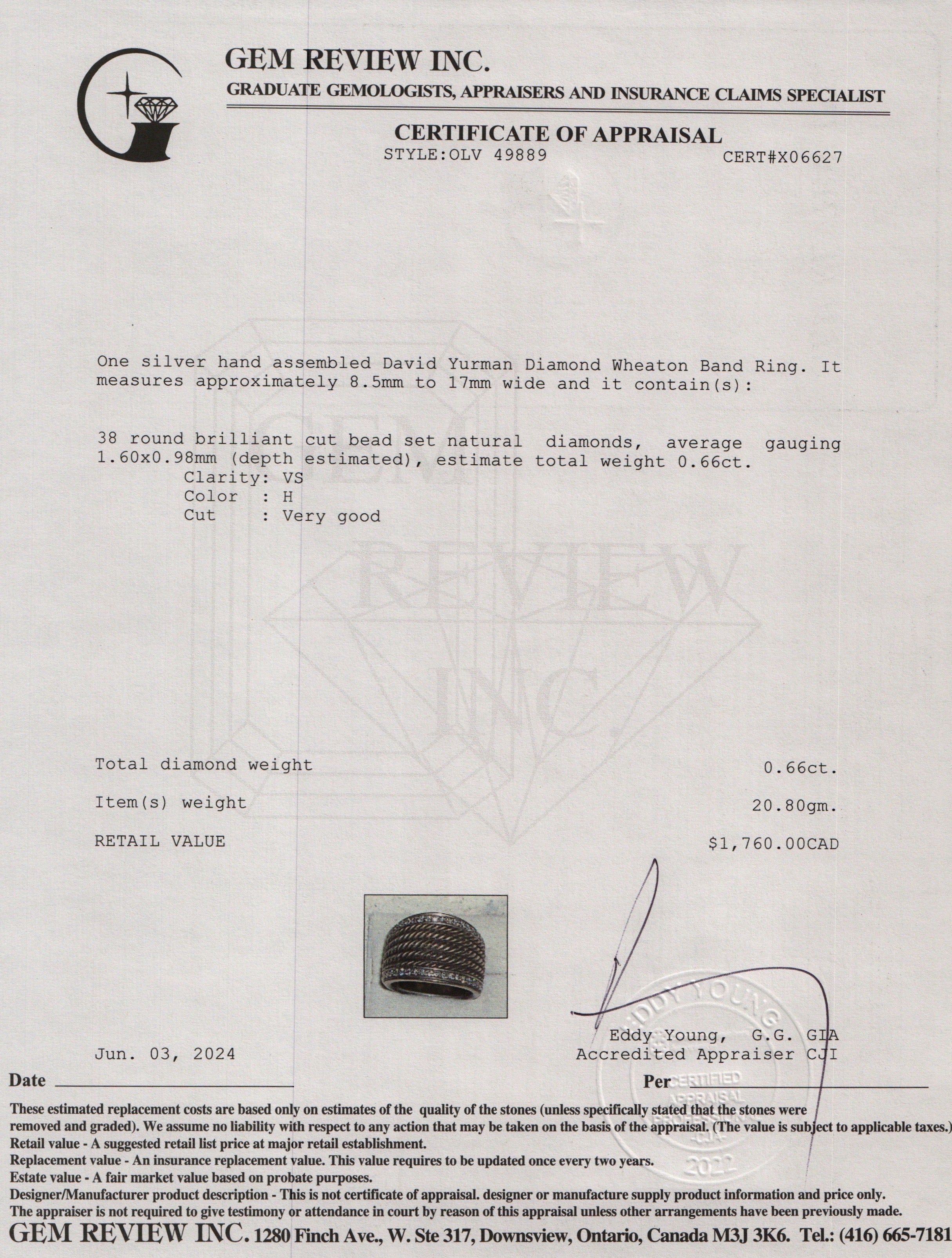 David Yurman Sterling Silver Diamond Wheaton Band Ring, Size 7