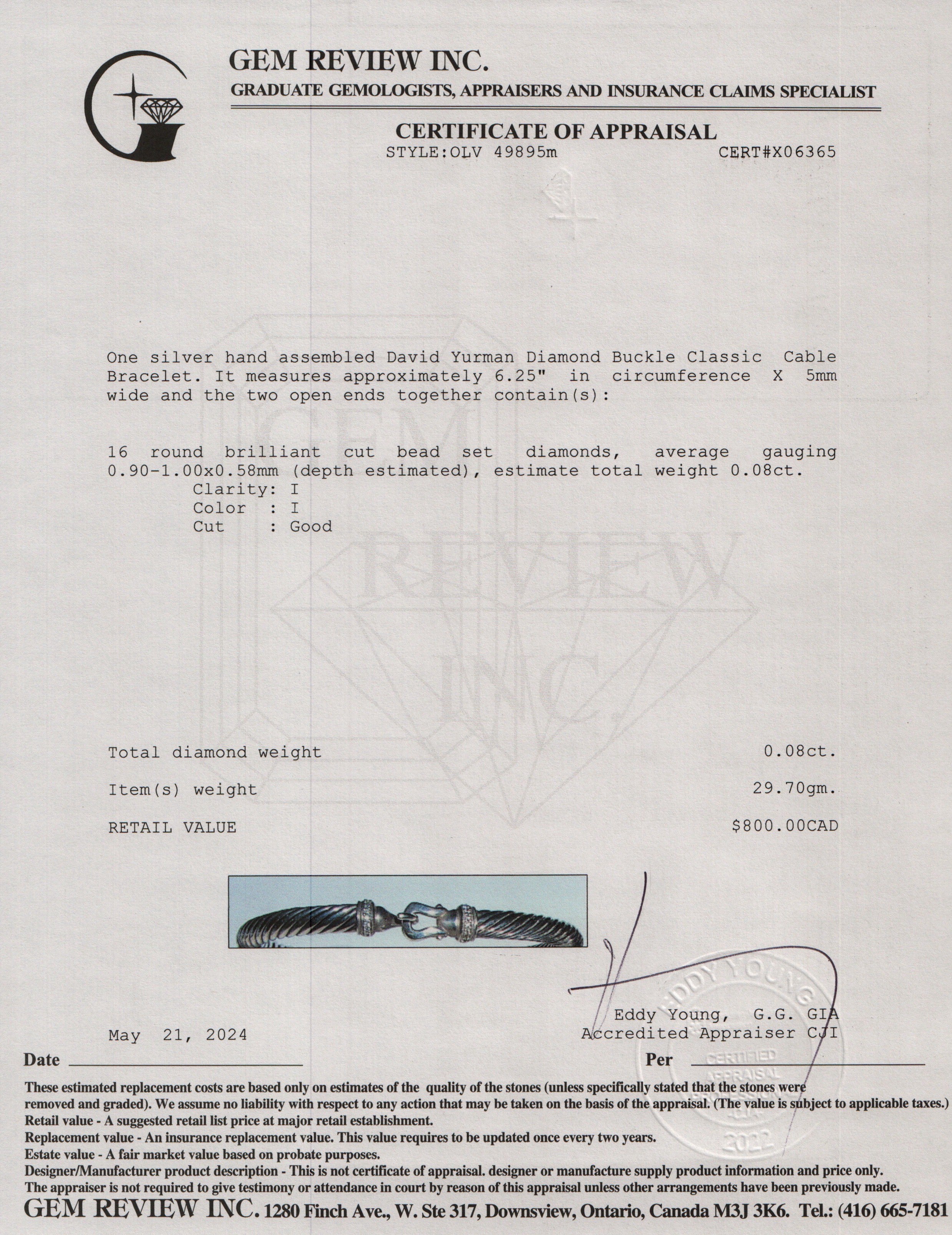 David Yurman Sterling Silver Diamond 5MM Buckle Classic Cable Bracelet