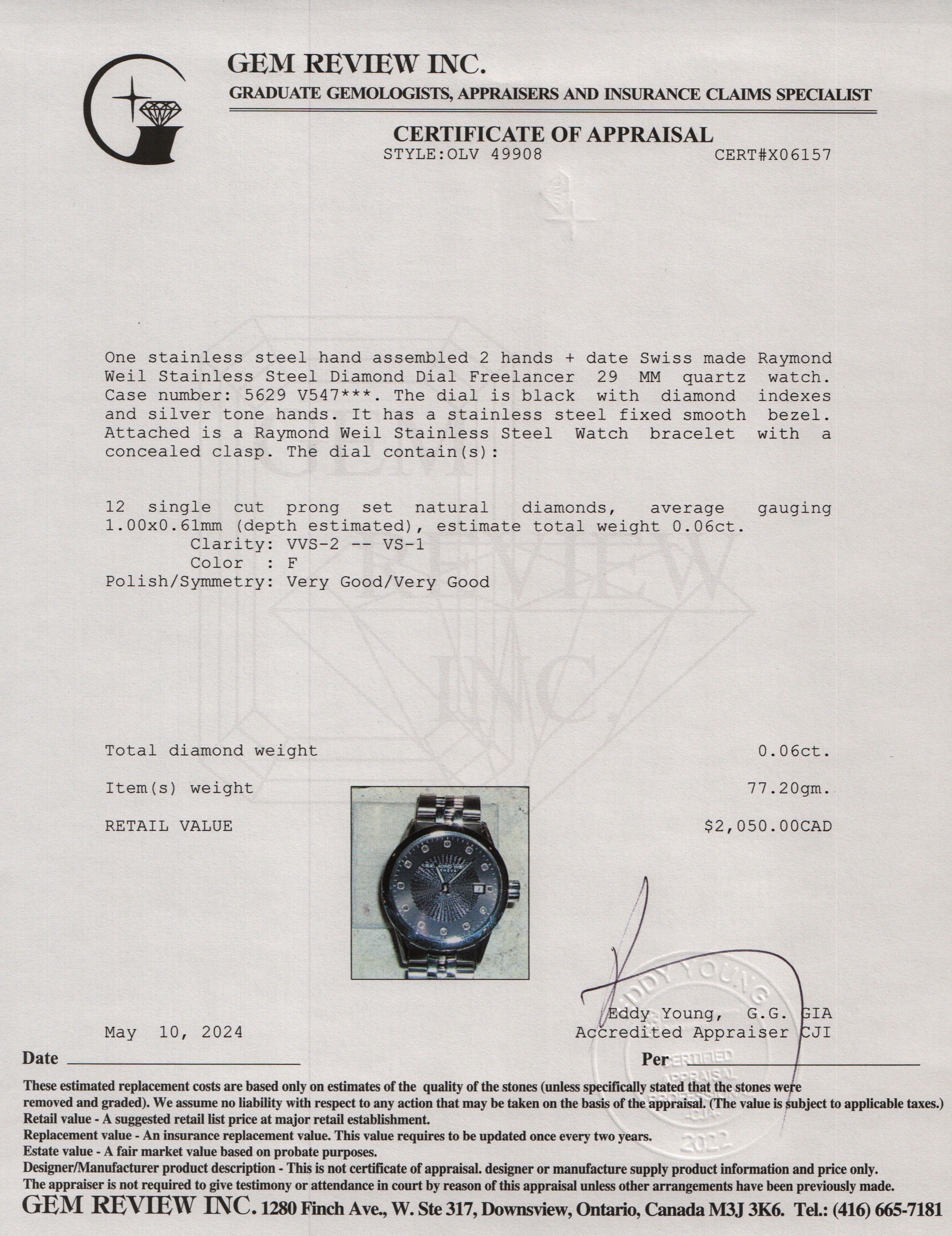 Raymond Weil Stainless Steel Diamond Dial Freelancer 29 MM Watch w/ Box & Papers