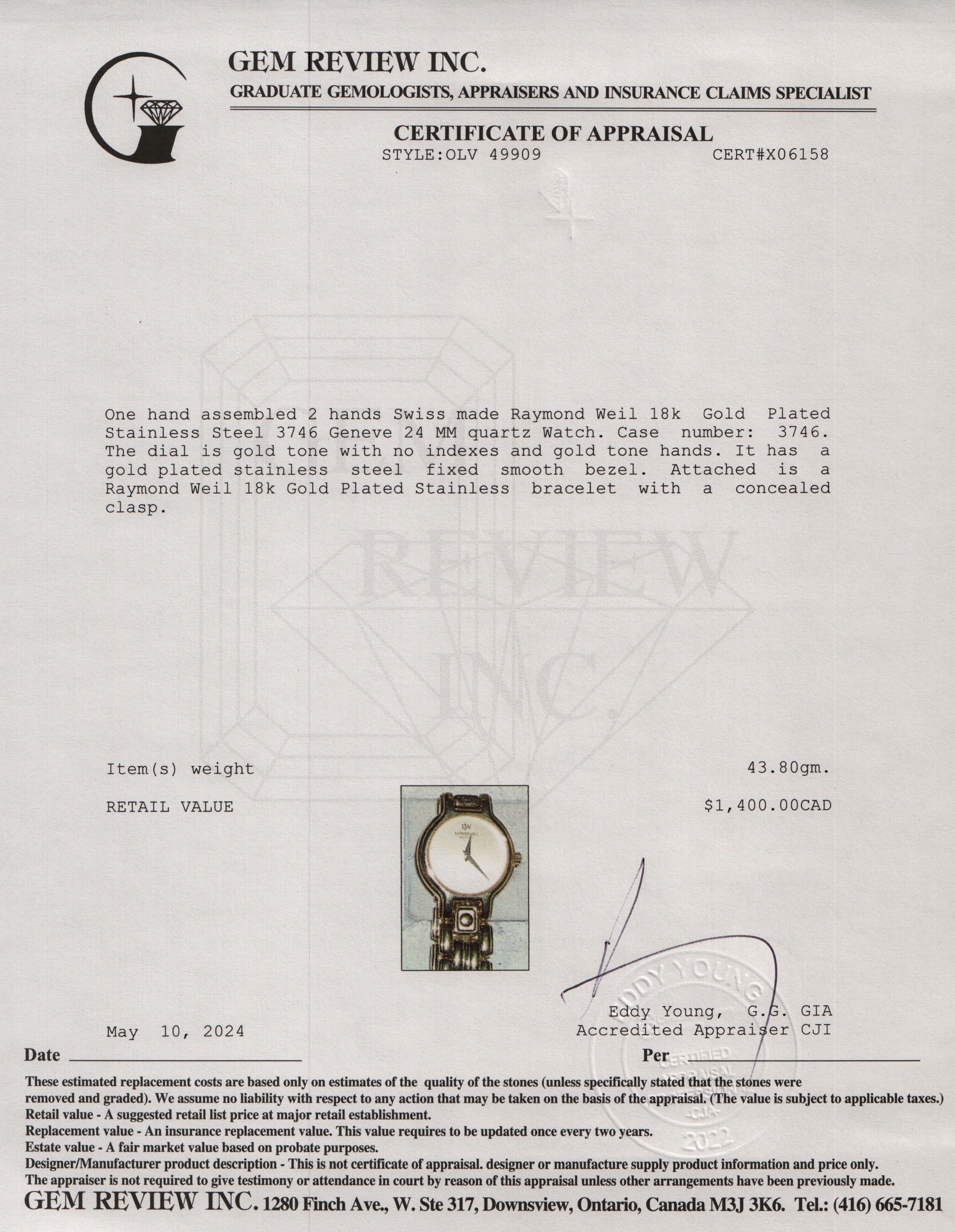 Raymond Weil 18k Gold Plated Stainless Steel 3746 Geneve 24 MM Watch