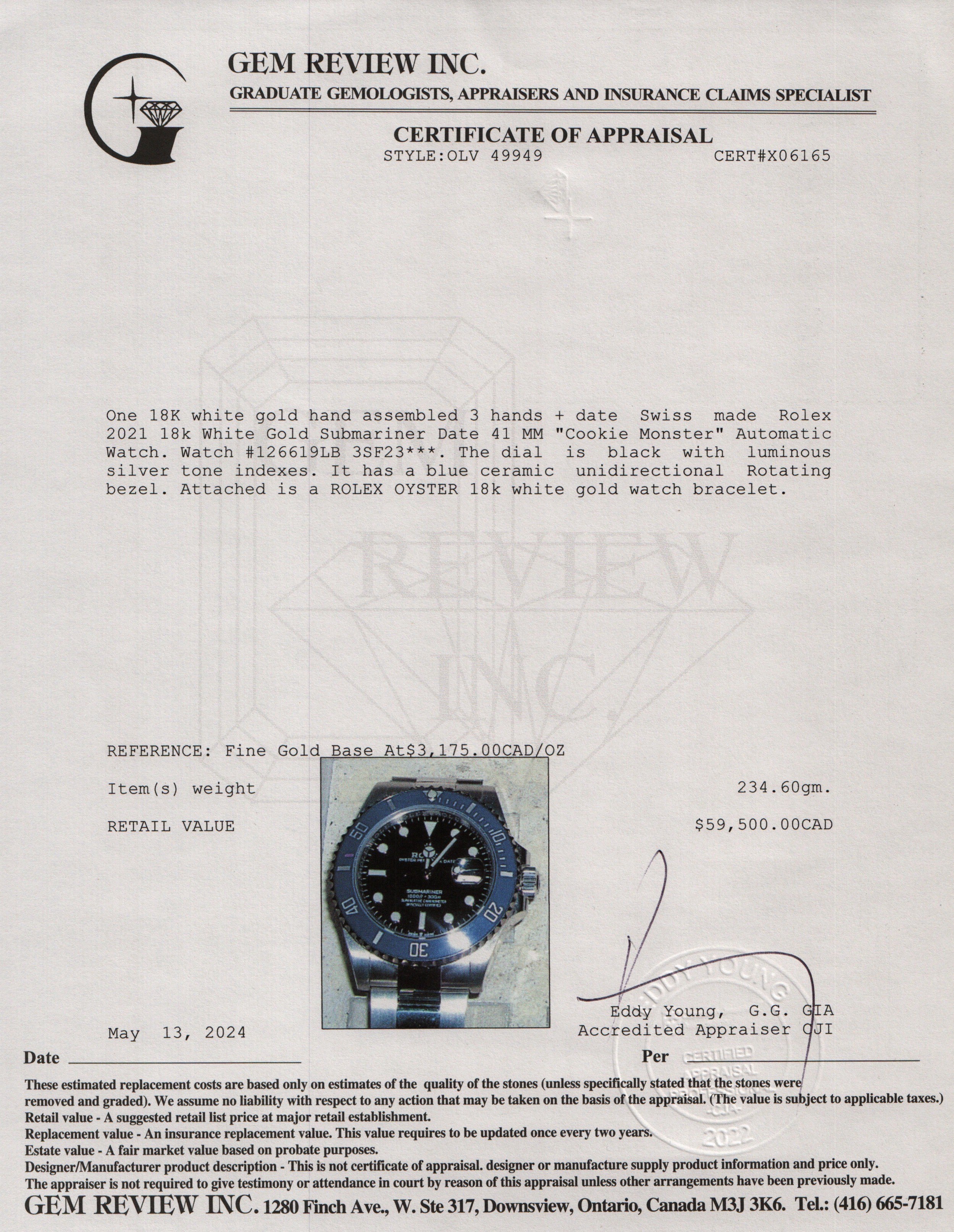Rolex 2021 18k White Gold Submariner Date 41 MM "Cookie Monster" Automatic Watch 126619LB w/ Box & Papers