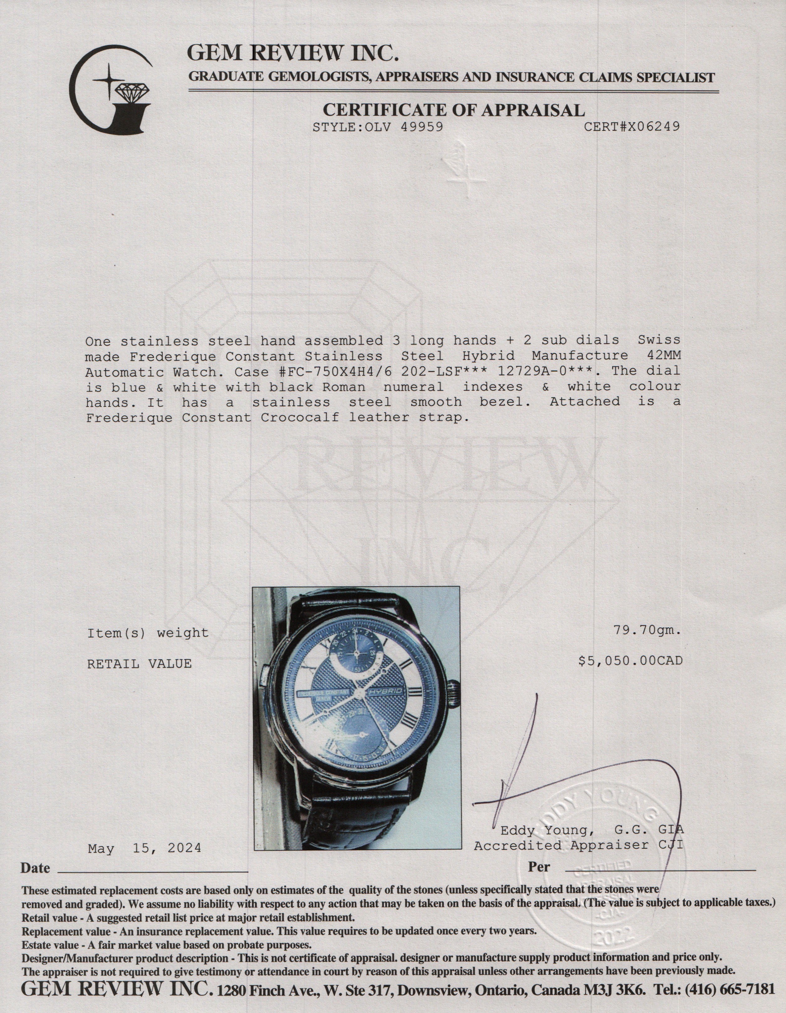 Frederique Constant Stainless Steel Hybrid Manufacture 42MM Automatic Watch w/ Box & Papers
