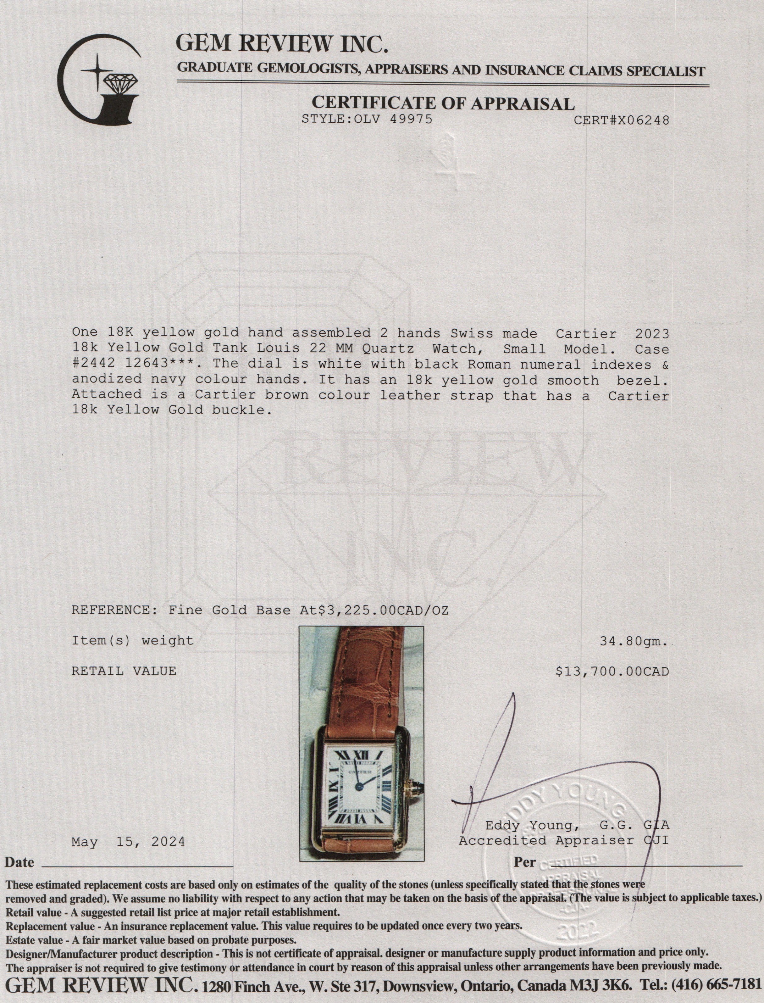 Cartier 2023 18k Yellow Gold Tank Louis 22 MM Watch, Small Model w/ Box & Papers