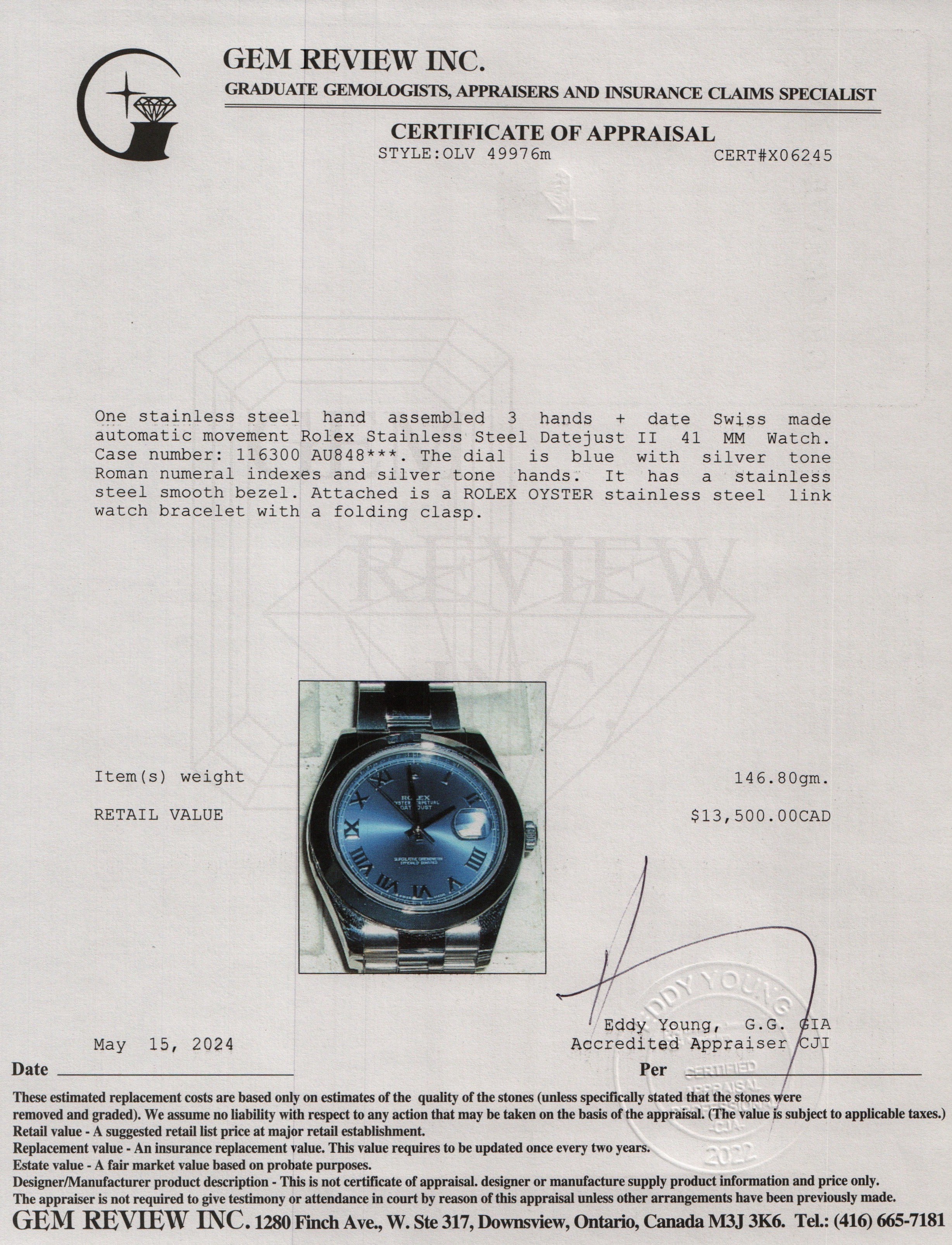 Rolex Stainless Steel Datejust II 41 MM Watch 116300 w/ Papers