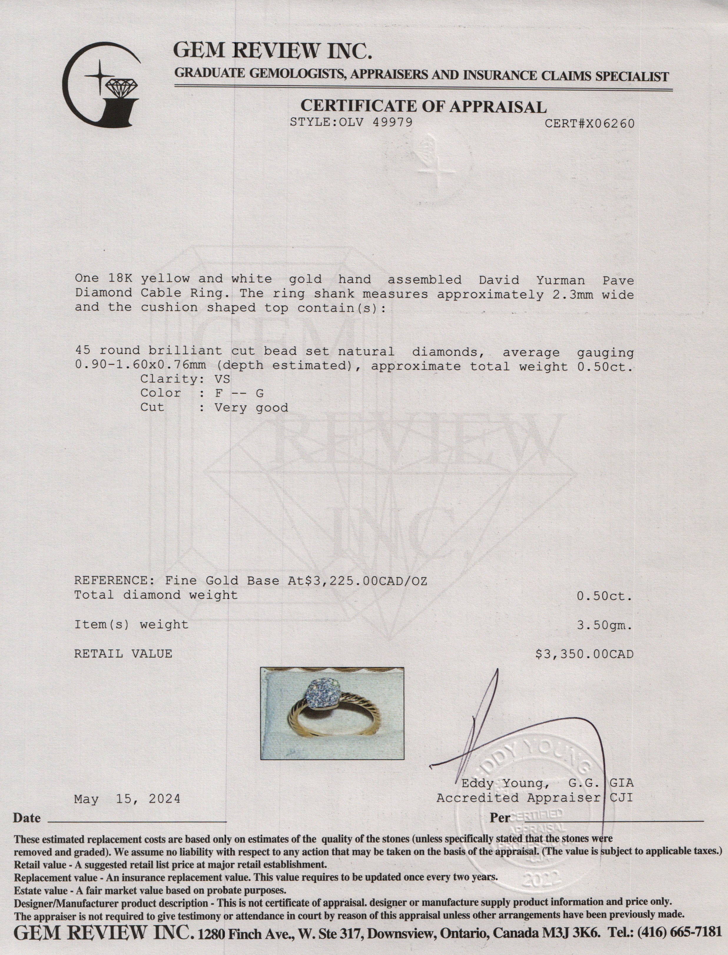 David Yurman 18k Yellow Gold Pave Diamond Cable Ring, Size 6