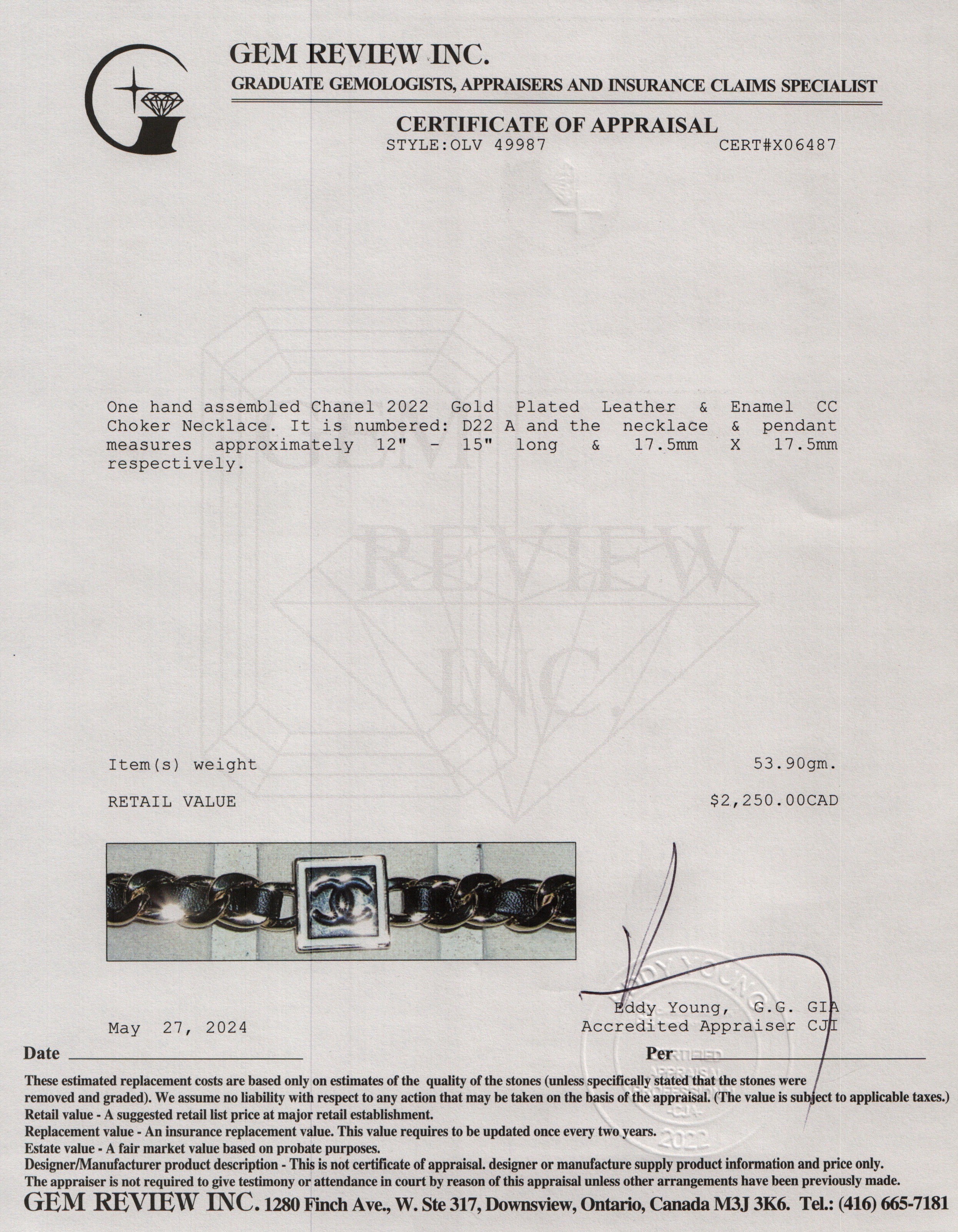 Chanel 2022 Gold Plated Leather & Enamel CC Choker Necklace w/ Box