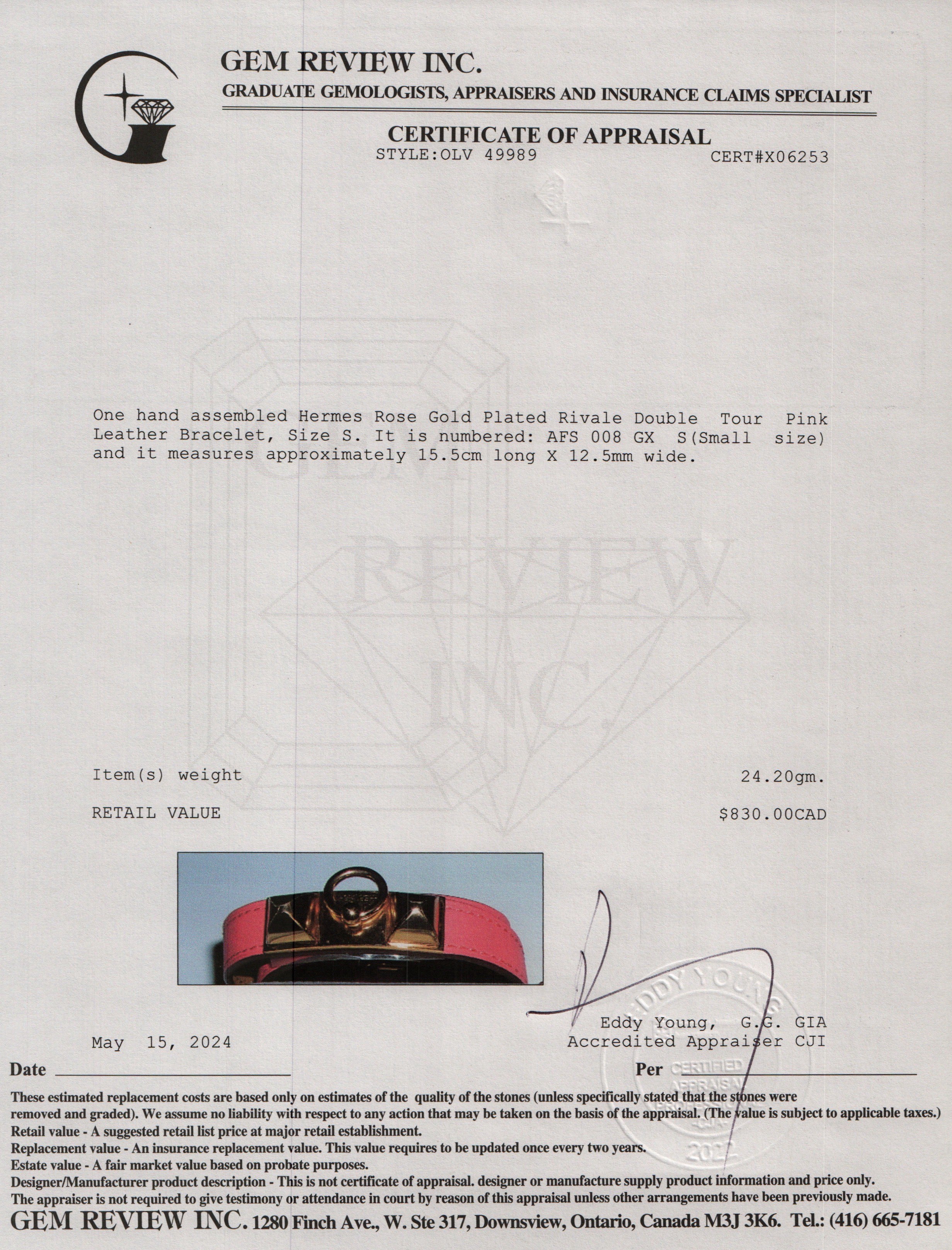 Hermes Rose Gold Plated Rivale Double Tour Pink Leather Bracelet, Size S w/ Box