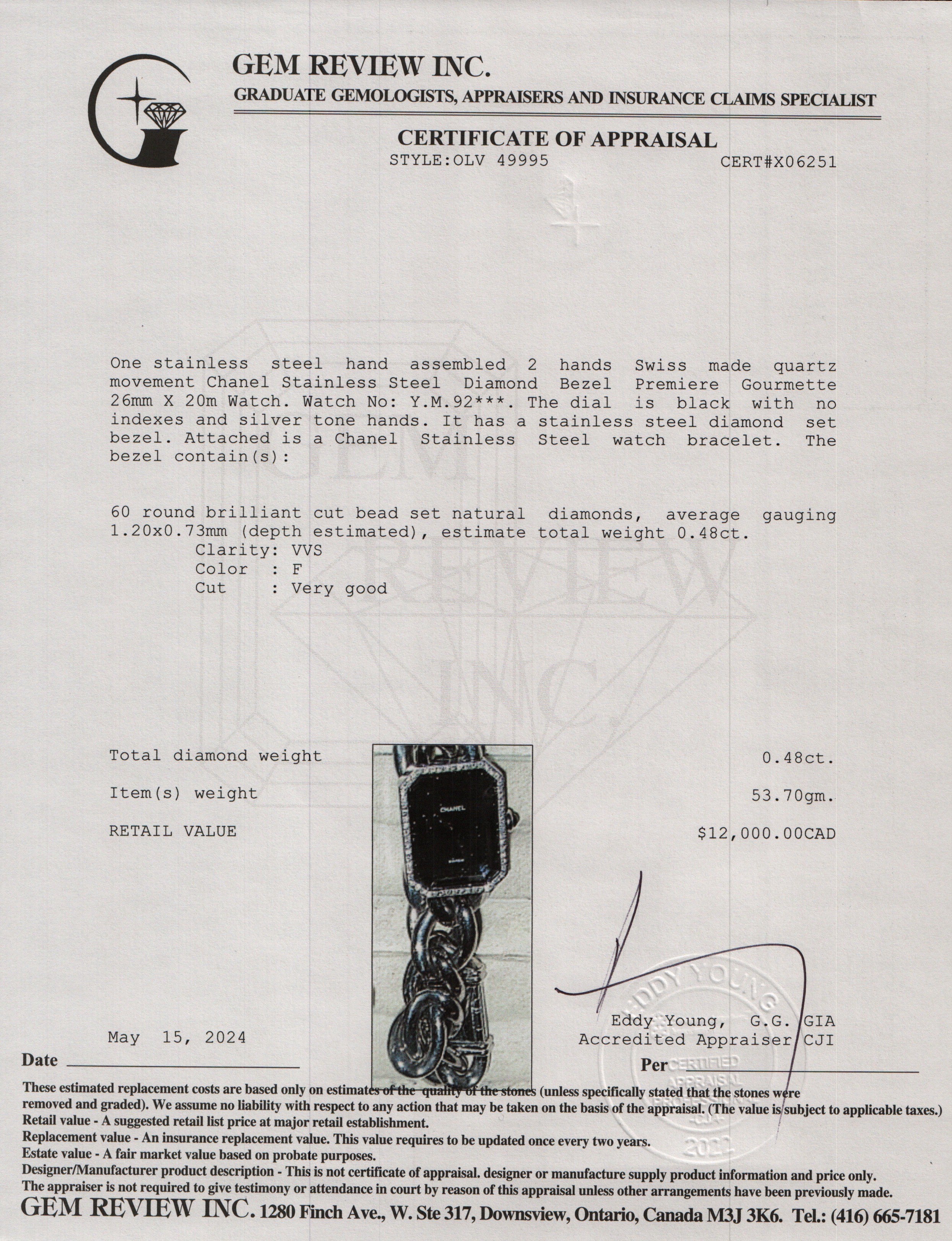 Chanel Stainless Steel Diamond Bezel Premiere Gourmette Watch H7020 w/ Box & Papers