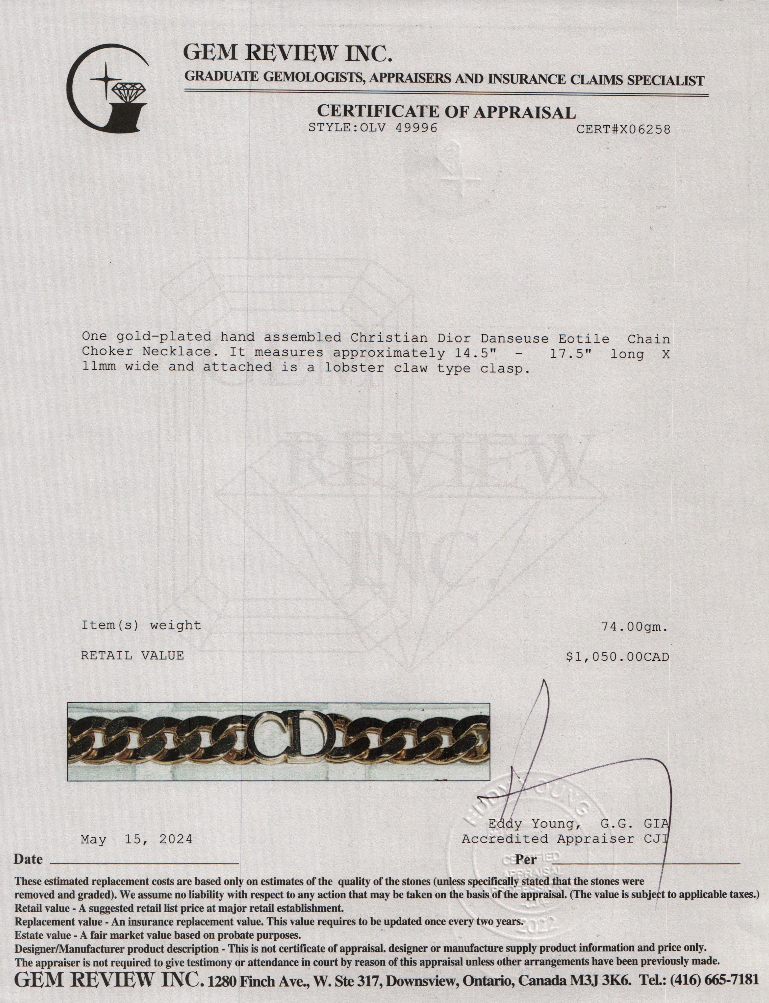 Christian Dior Gold Plated Danseuse Eotile Chain Choker Necklace w/ Box