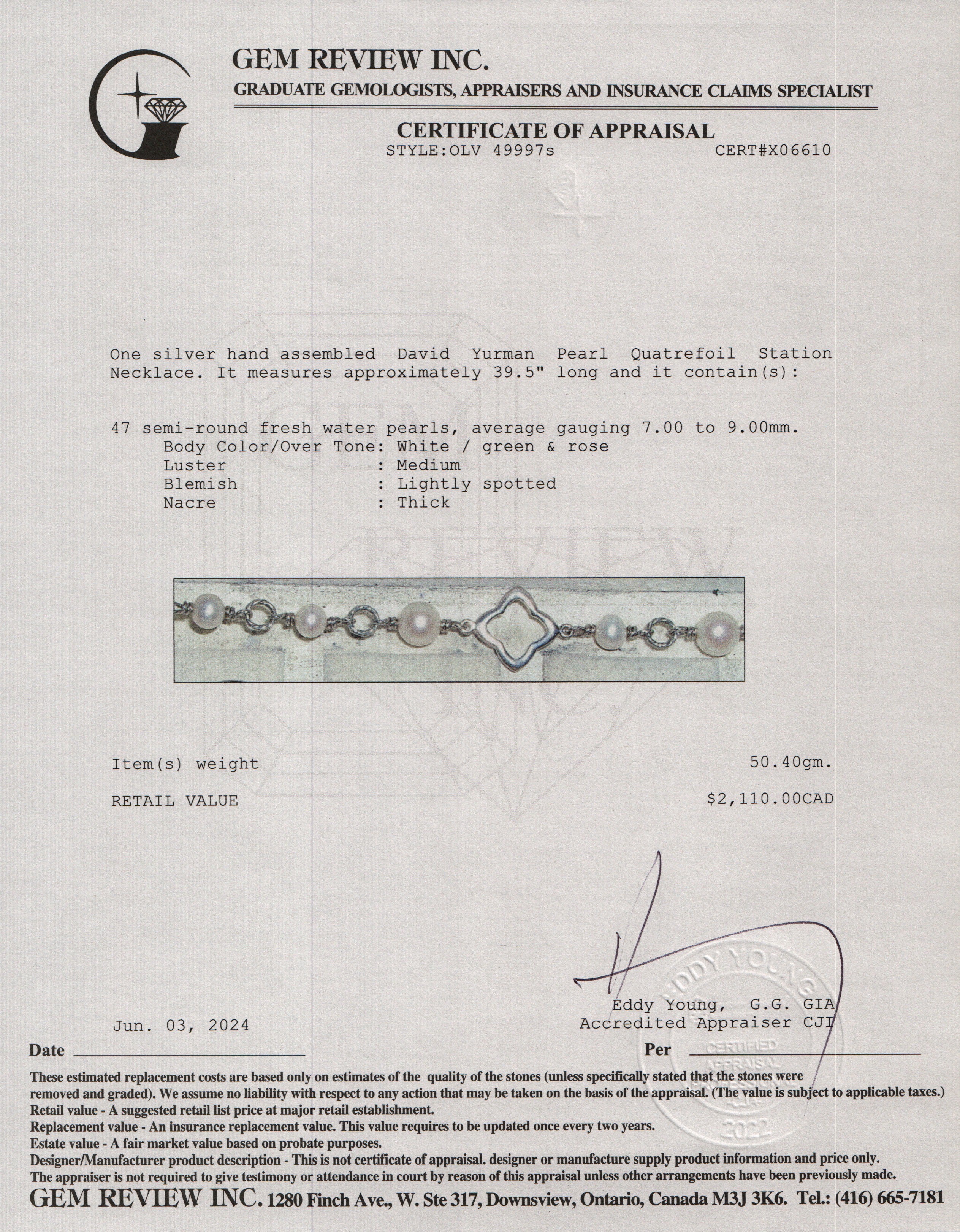 David Yurman Sterling Silver Pearl Quatrefoil Station Necklace