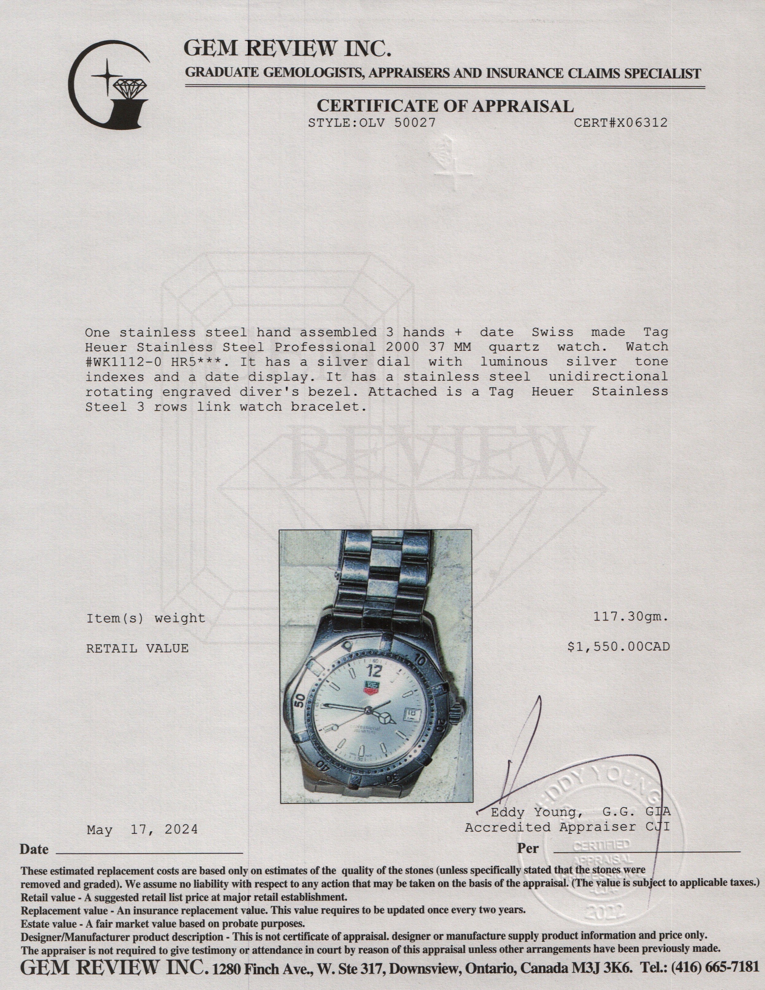 Tag Heuer Stainless Steel Professional 2000 37 MM Watch WK1112-0