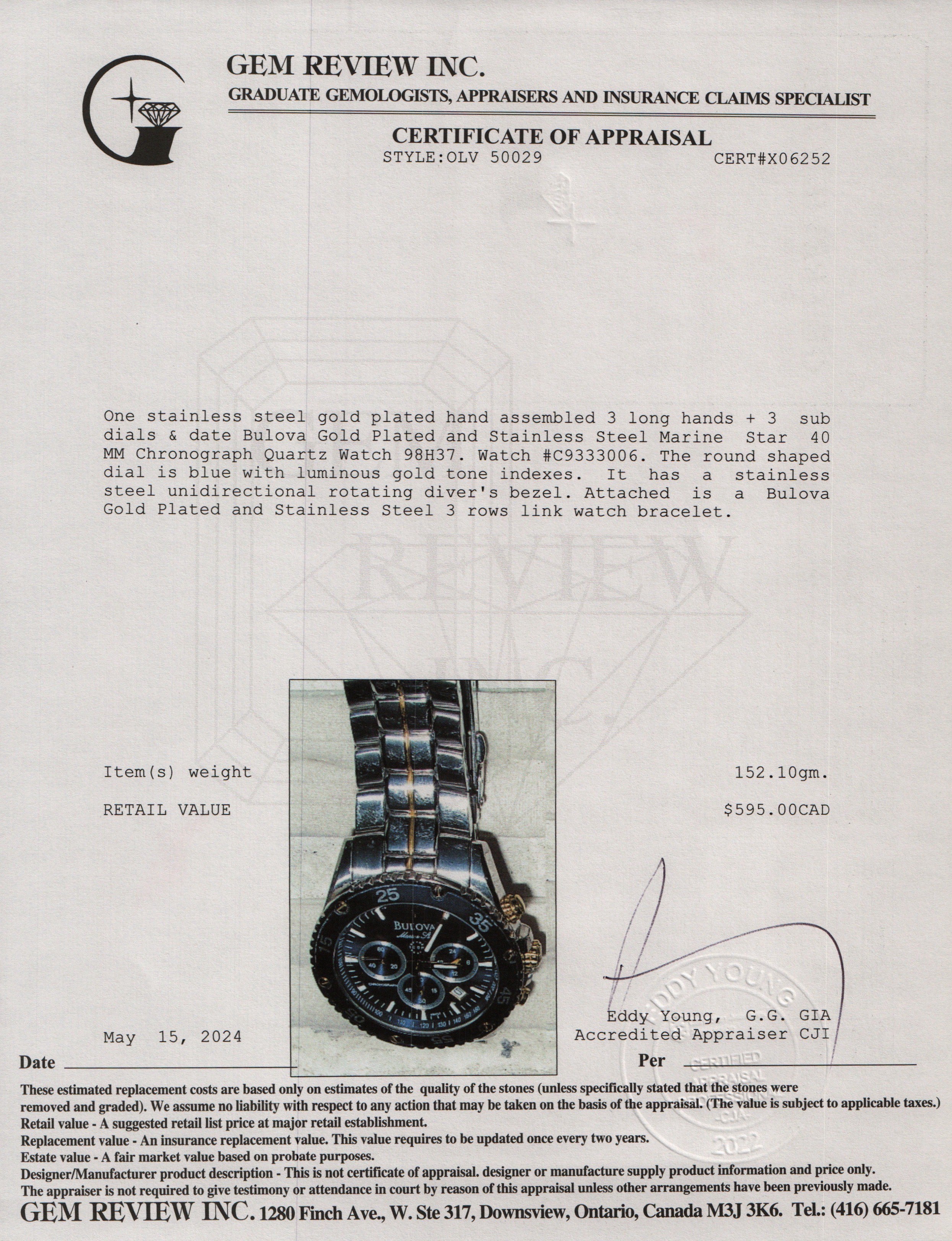 Bulova Gold Plated and Stainless Steel Marine Star 40 MM Chronograph Watch 98H37 w/ Box