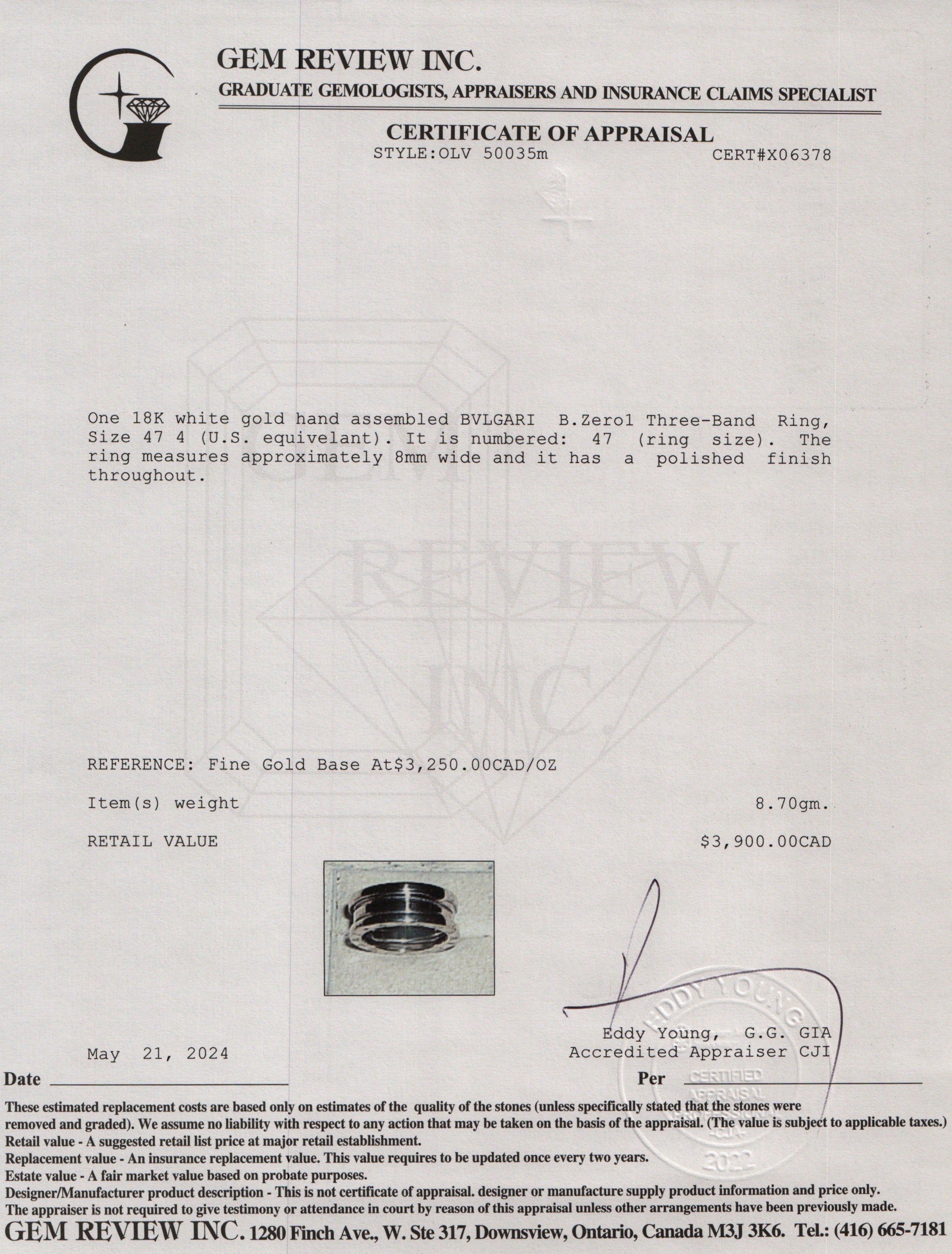 BVLGARI 18k White Gold B.Zero1 Three-Band Ring, Size 47 4