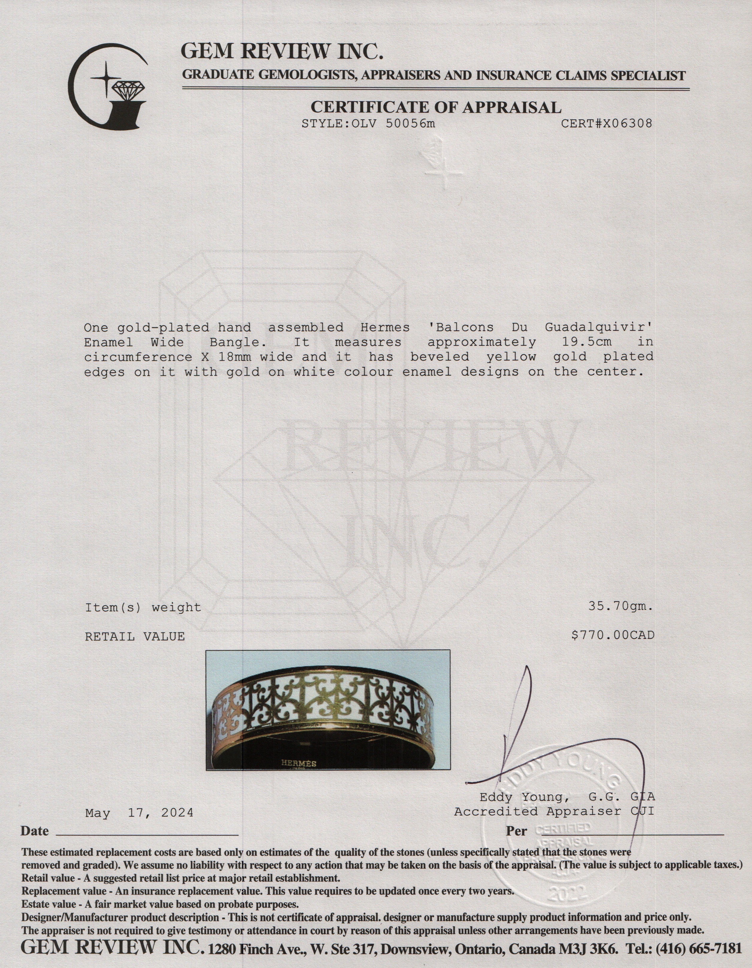 Hermes Gold-Plated 'Balcons Du Guadalquivir' Enamel Wide Bangle