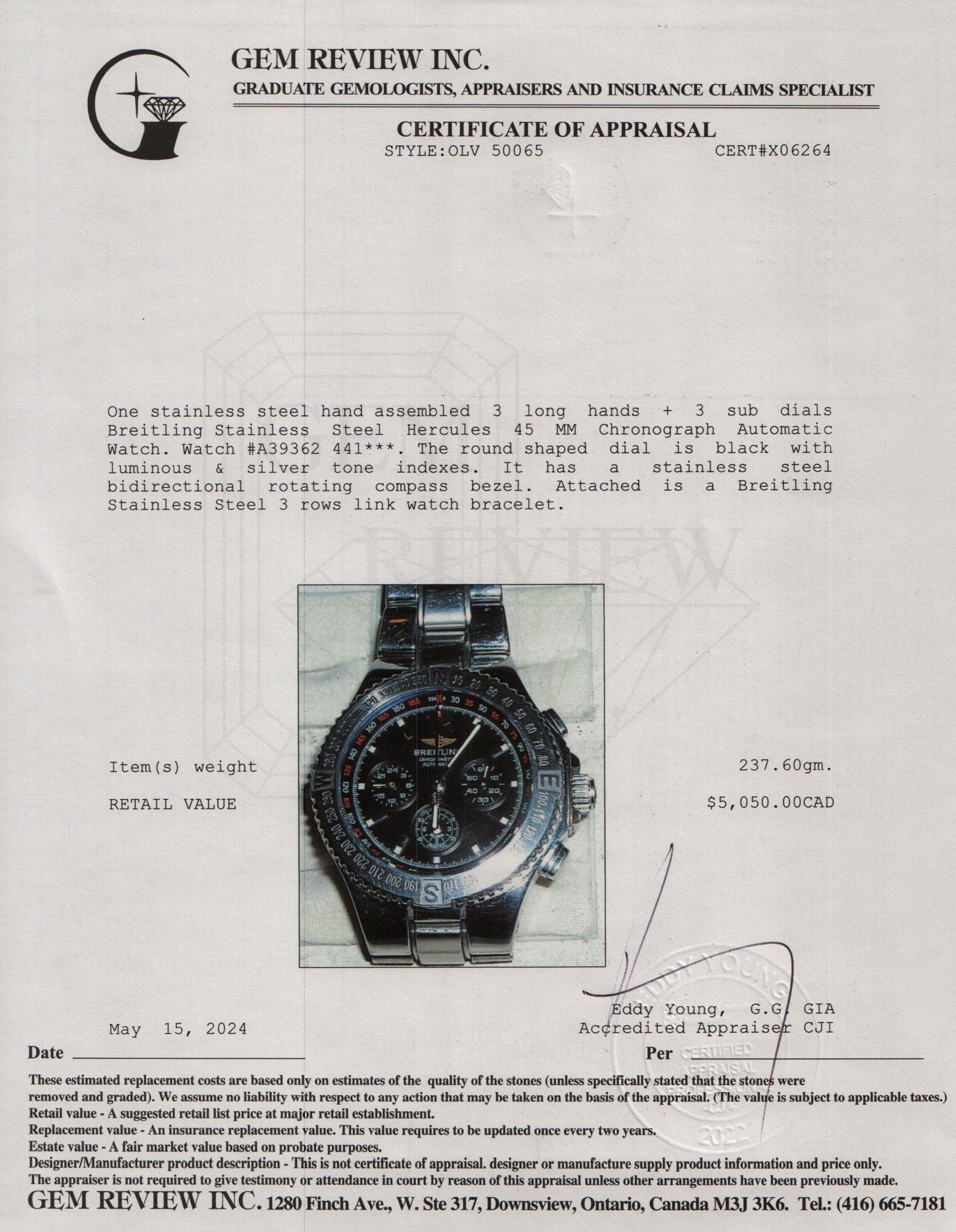 Breitling Stainless Steel Hercules 45 MM Chronograph Automatic Watch A39362 w/ Box & Papers