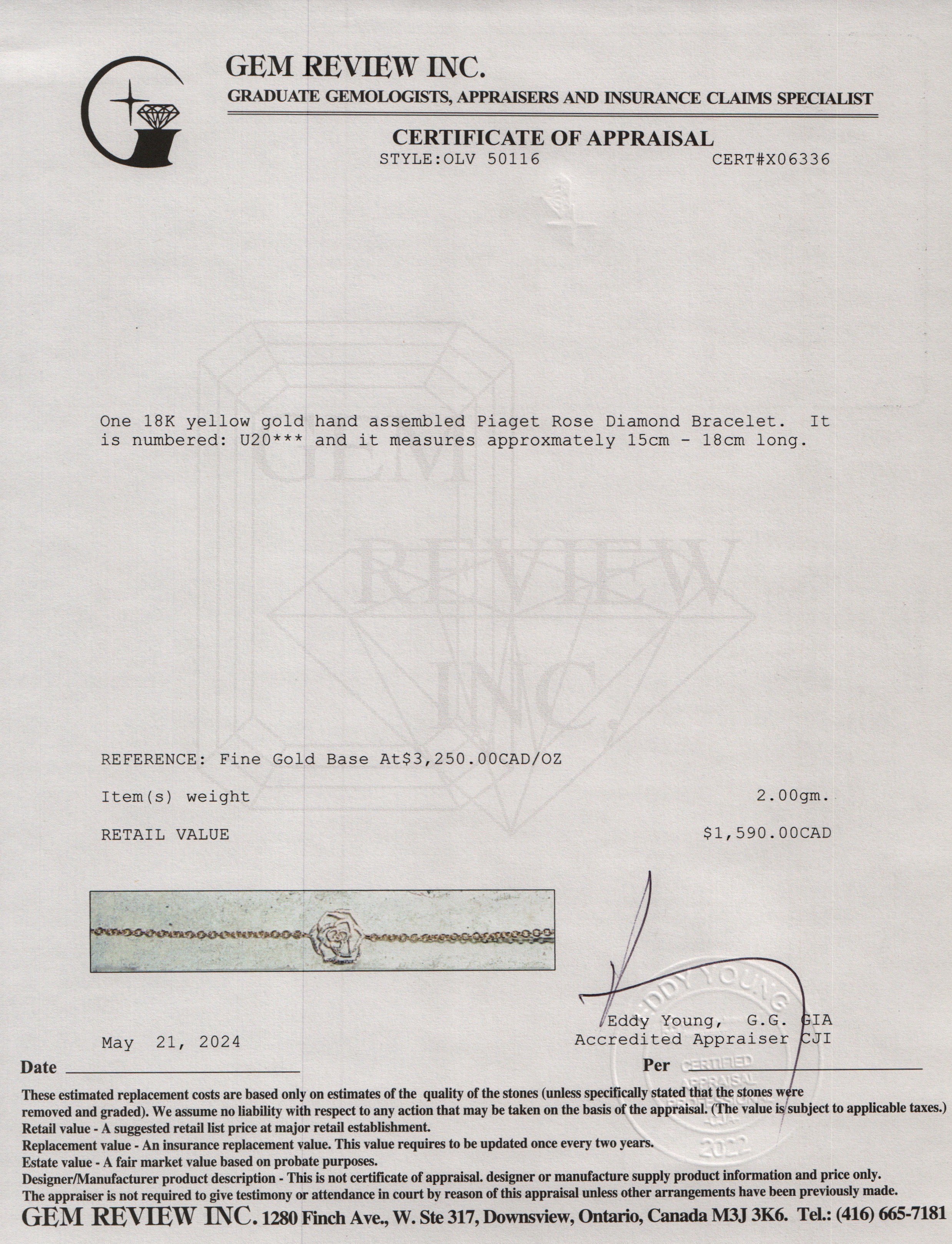 Piaget 2024 18k Yellow Gold Rose Diamond Bracelet w/ Receipt & Certificate