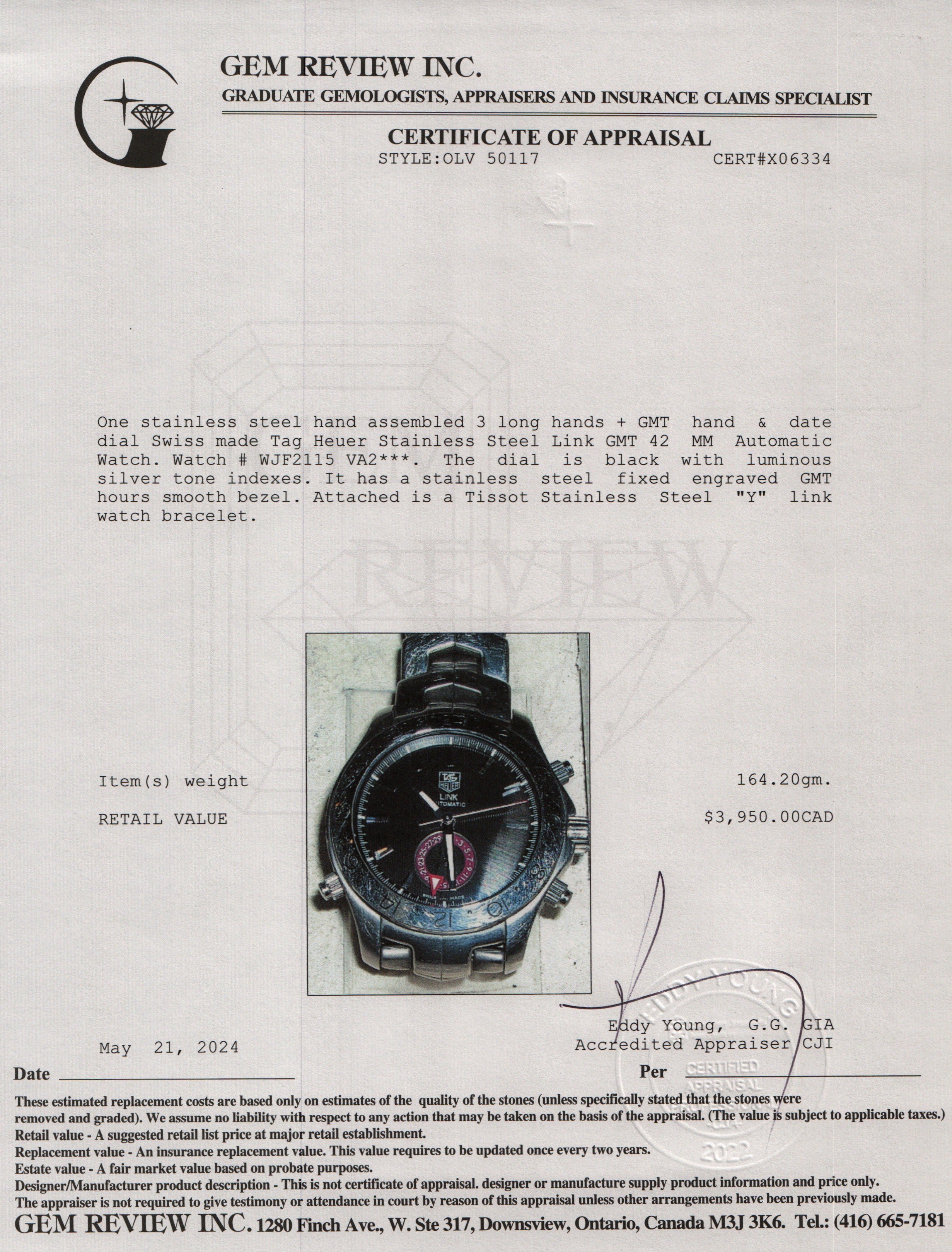 Tag Heuer Stainless Steel Link GMT 42 MM Automatic Watch WJF2115 w/ Box & Papers