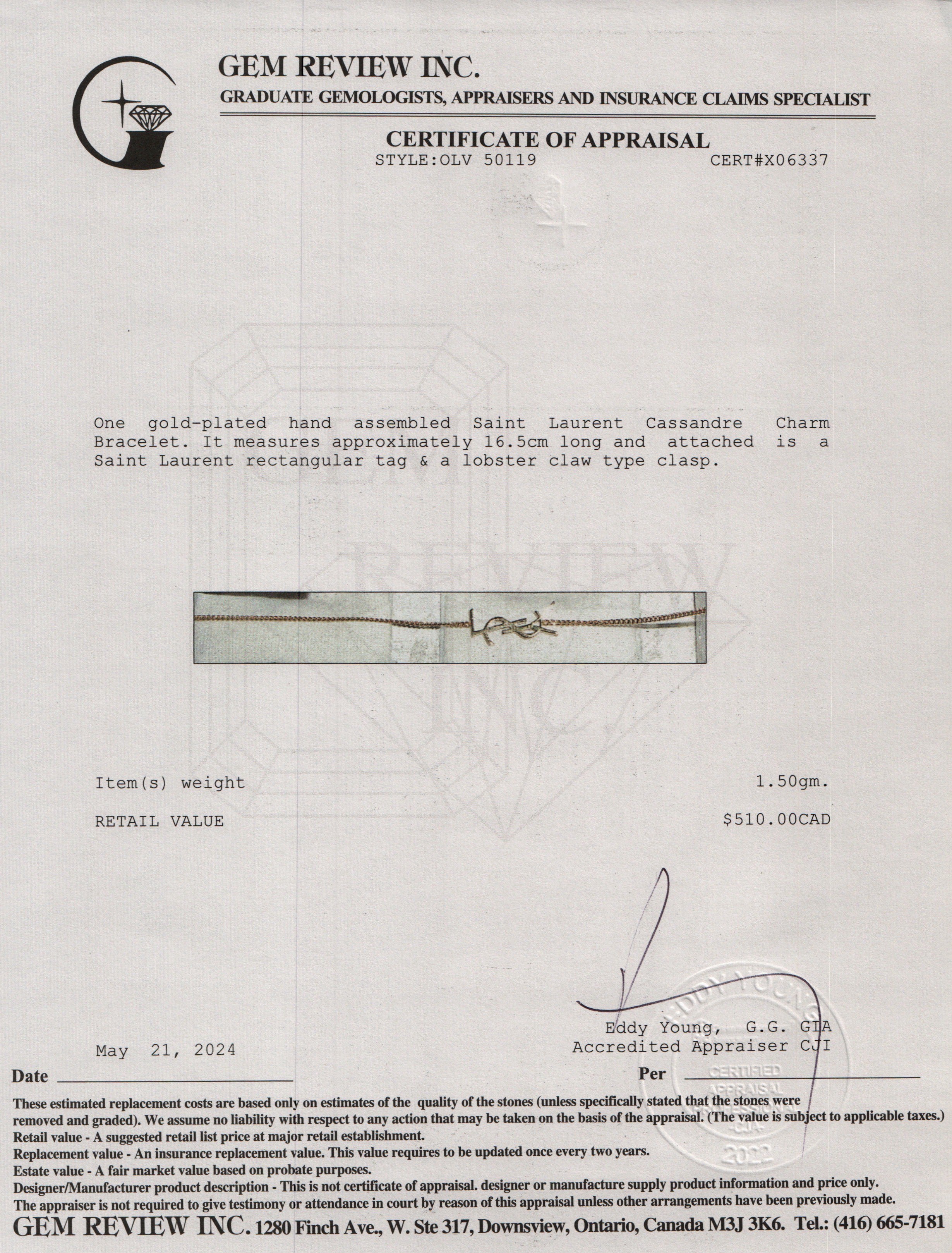 Saint Laurent Gold-Plated Metal Cassandre Charm Bracelet w/ Box