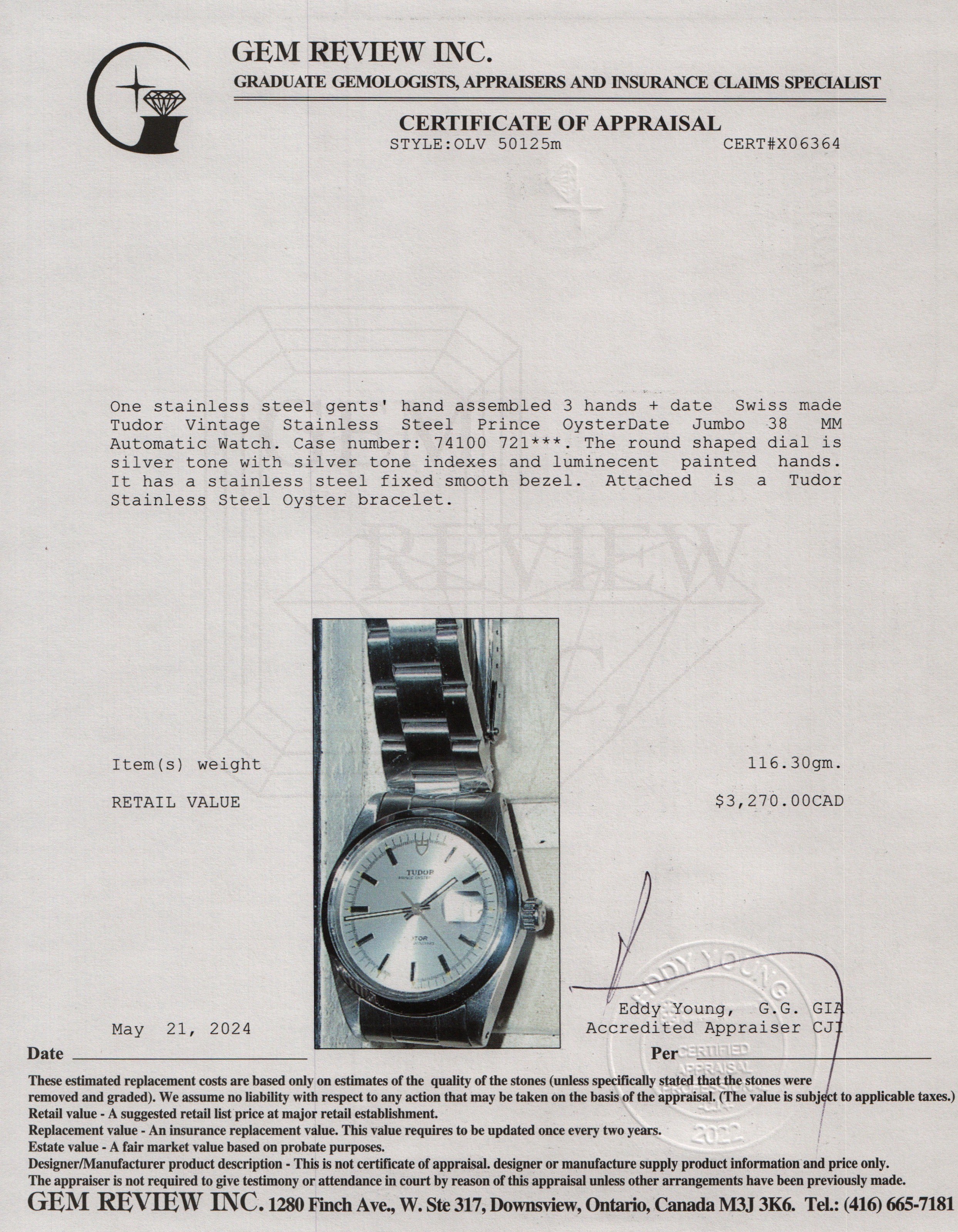 Tudor Vintage Stainless Steel Prince OysterDate Jumbo 38 MM Automatic Watch