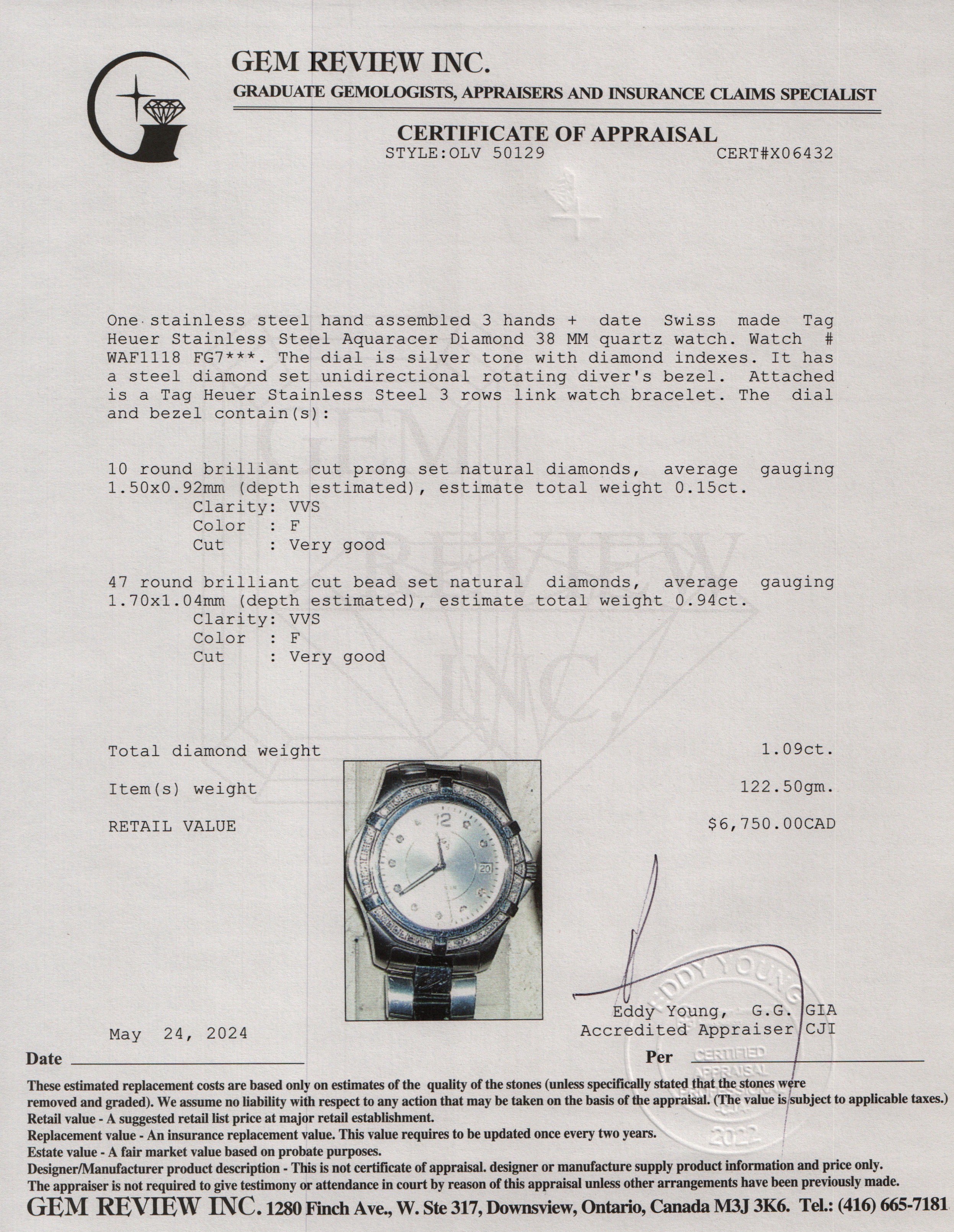 Tag Heuer Stainless Steel Aquaracer Diamond Bezel & Dial 38 MM Watch WAF1118 w/ Box