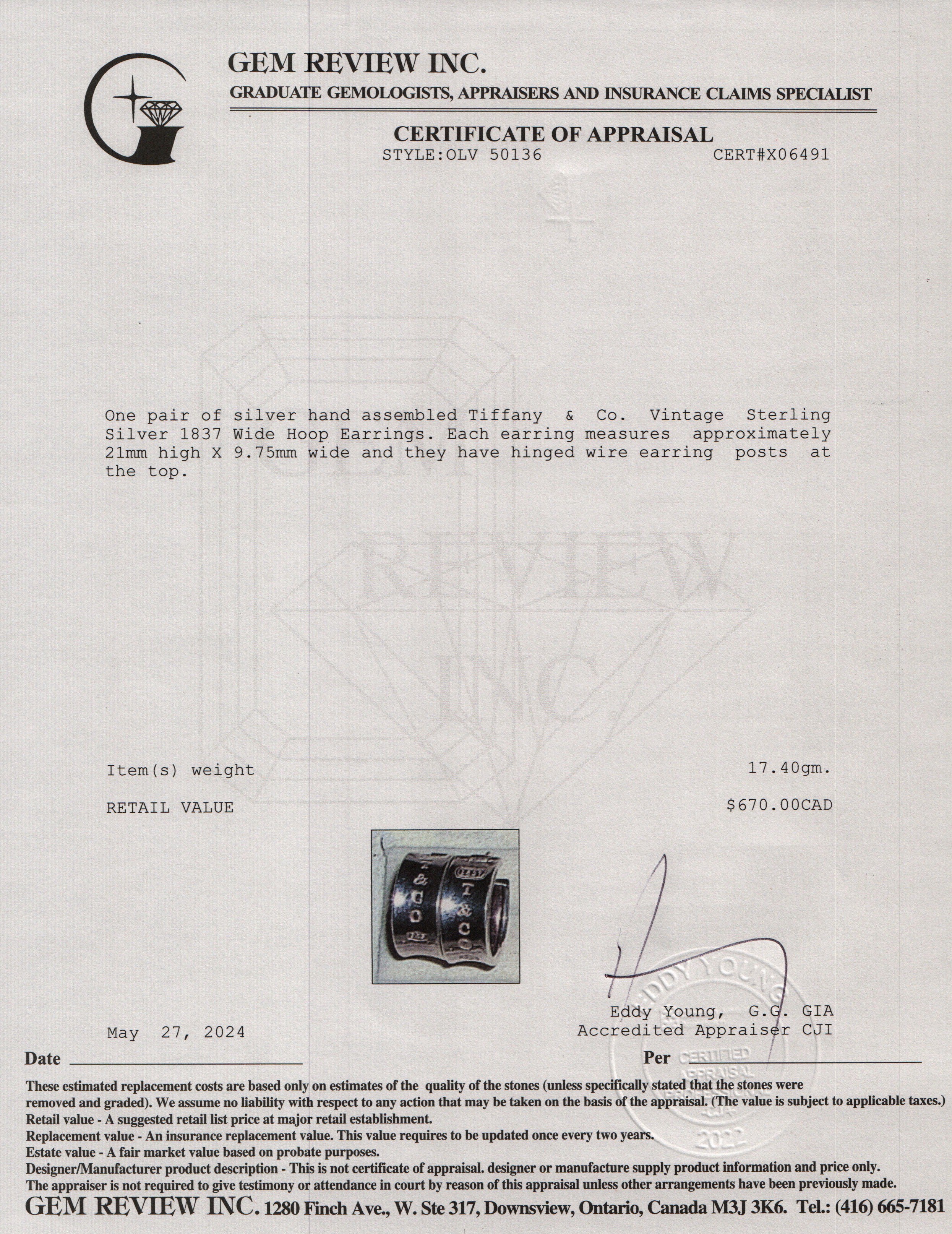 Tiffany & Co. Vintage Sterling Silver 1837 Wide Hoop Earrings