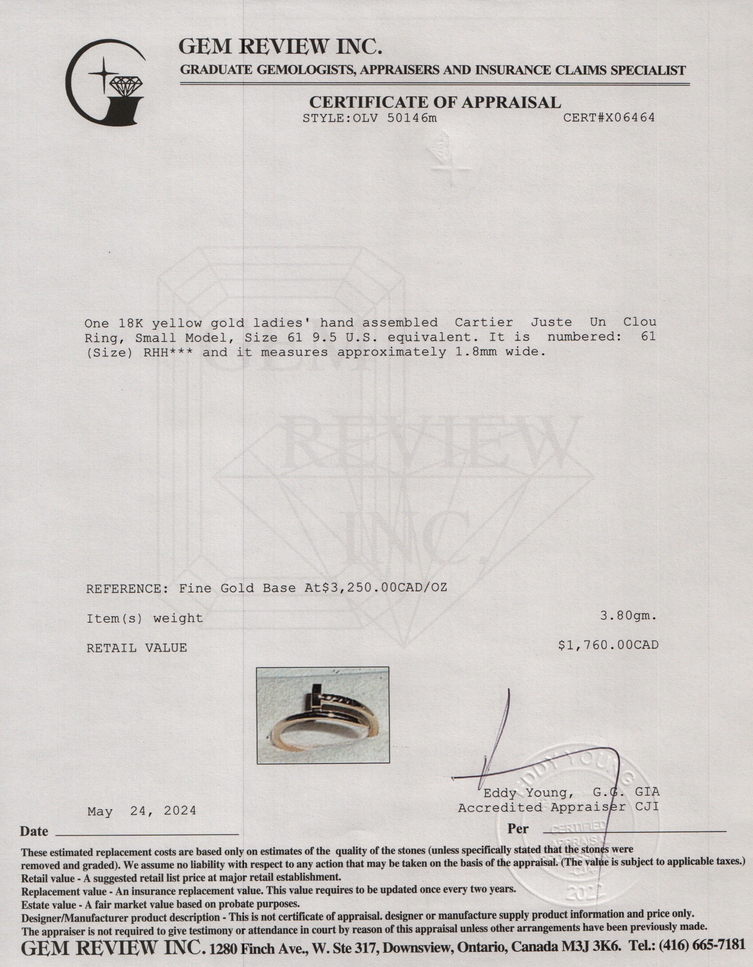 Cartier 2023 18k Yellow Gold Juste Un Clou Ring, Small Model, Size 61 9.5 w/ Box & Certificate