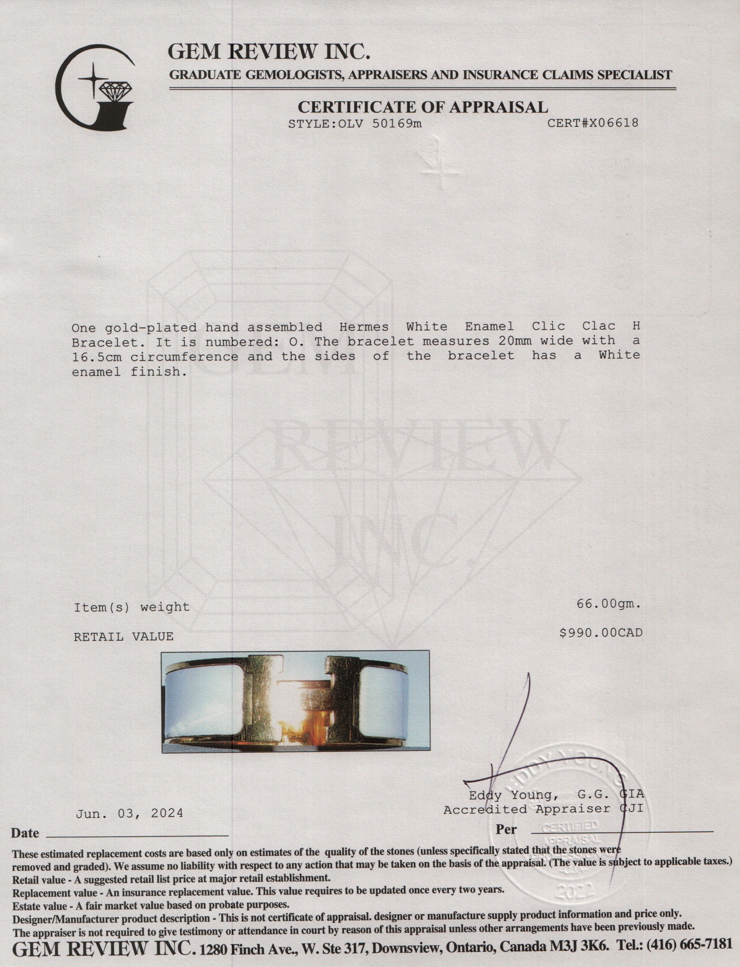 Hermes Gold-Plated White Enamel Clic Clac H Bracelet w/ Box