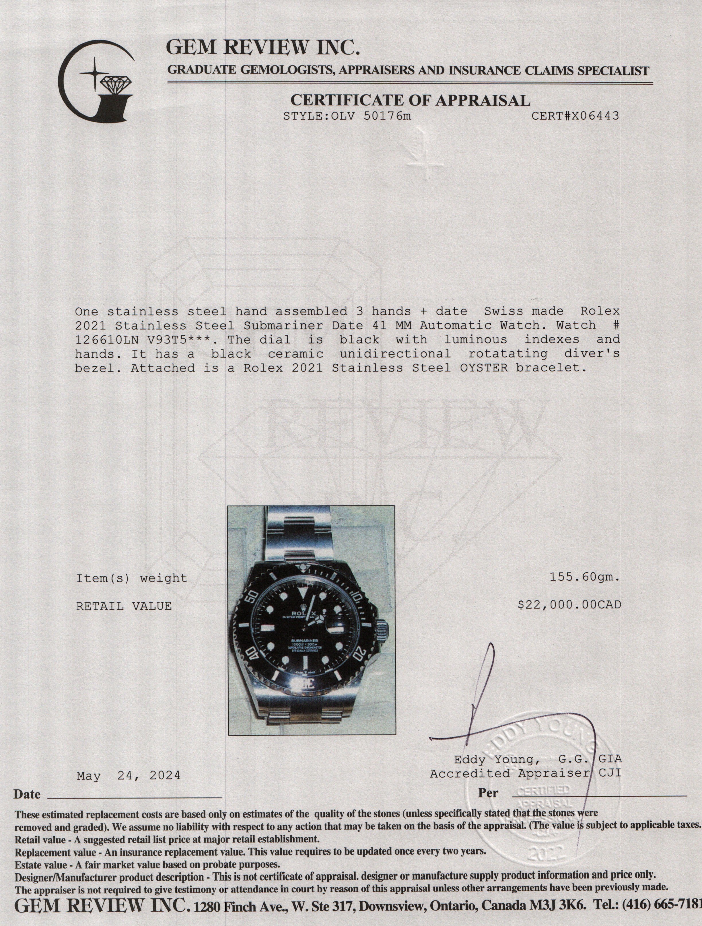 Rolex 2021 Stainless Steel Submariner Date 41 MM Automatic Watch 126610LN w/ Box & Papers