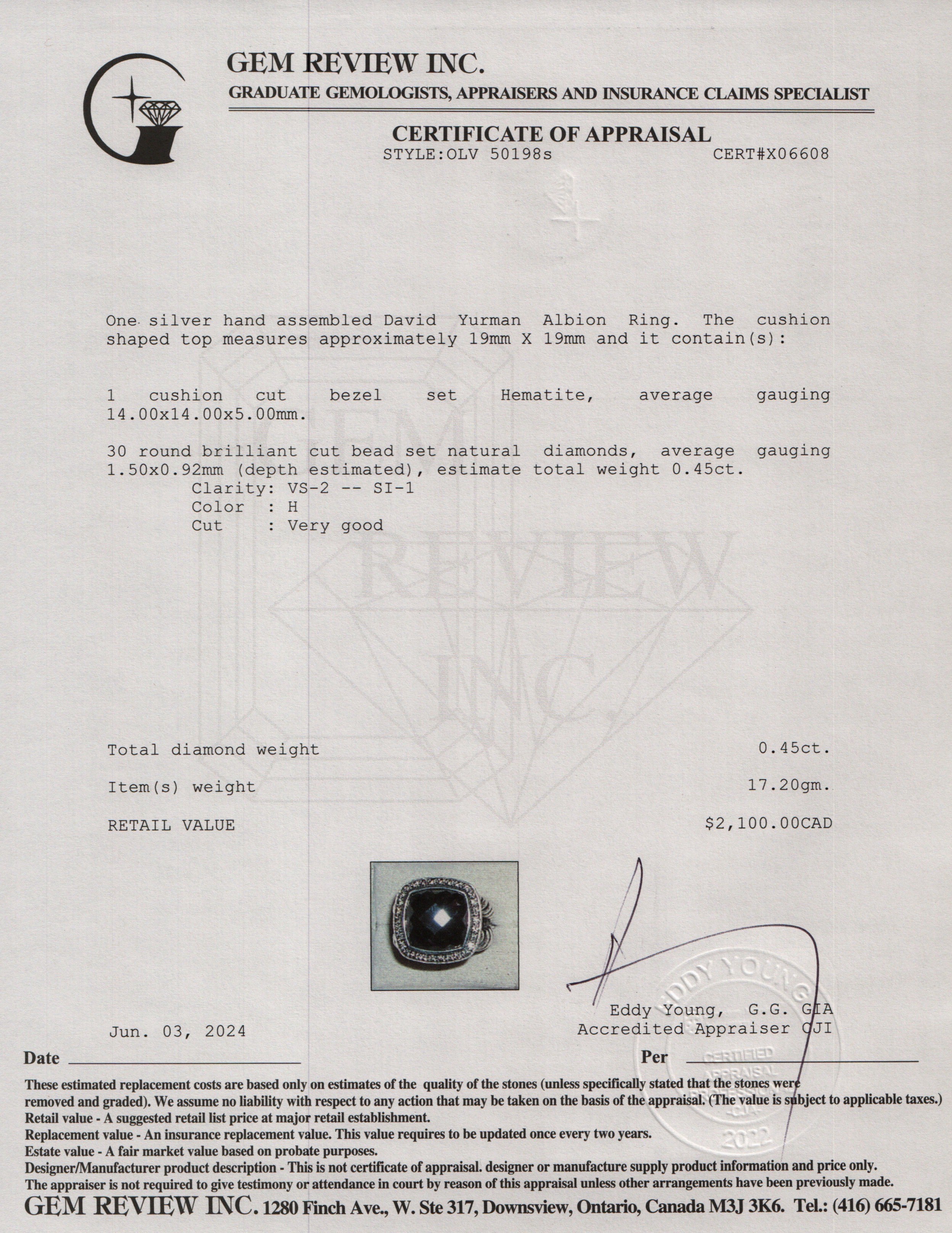 David Yurman Sterling Silver Hematite & Diamond 14 MM Albion Ring, Size 7.25