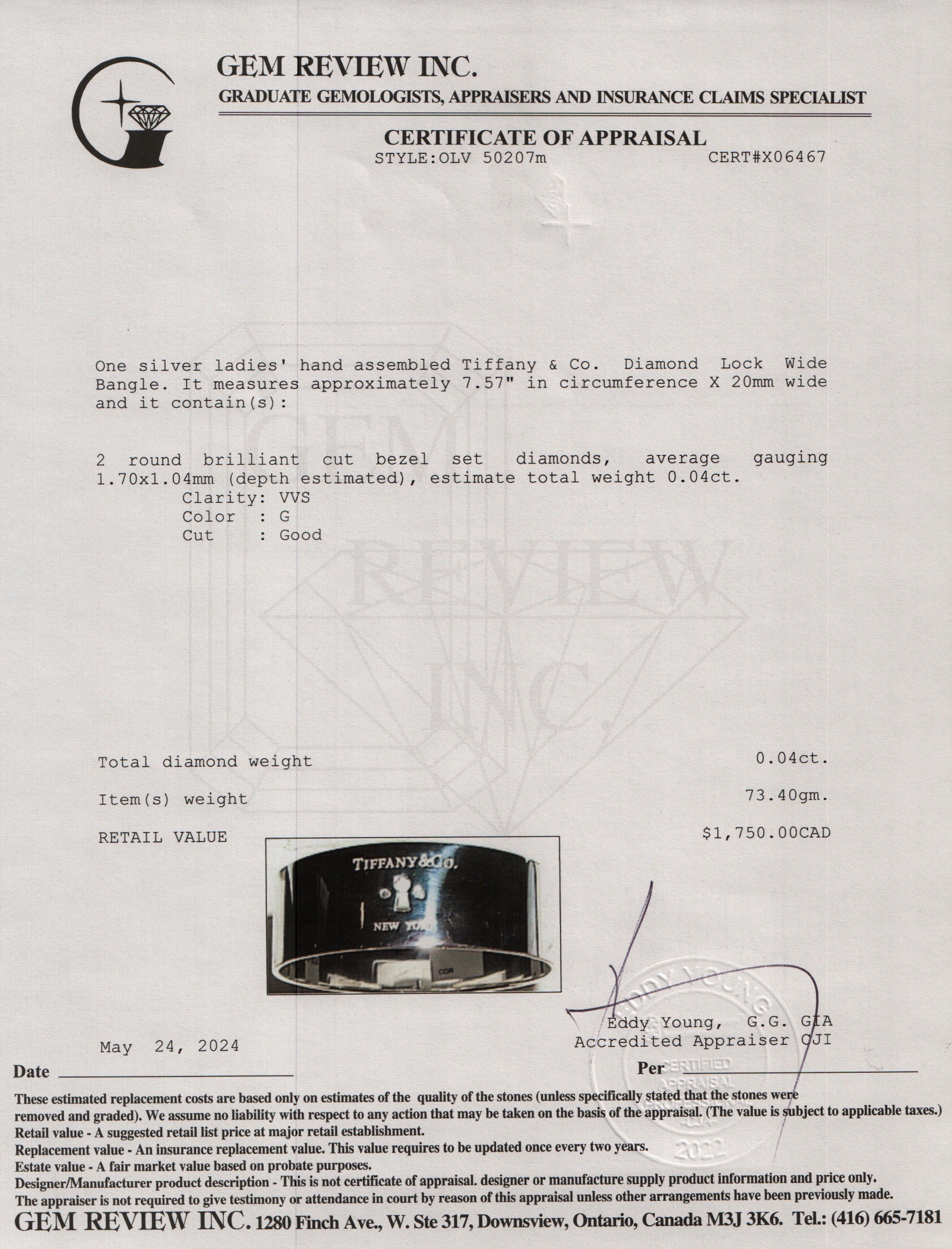 Tiffany & Co. Sterling Silver Diamond Lock Wide Bangle w/ Box