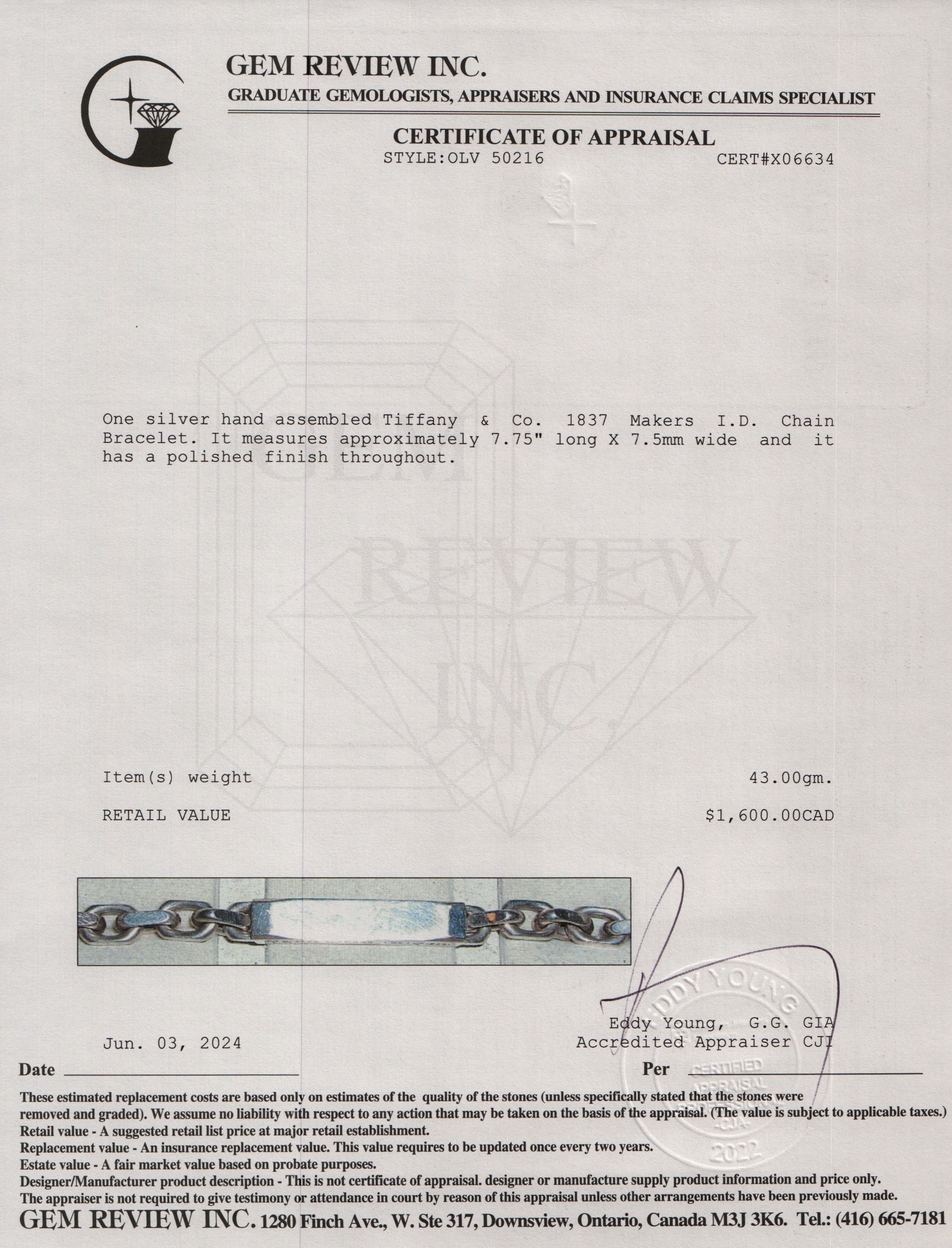 Tiffany & Co. Sterling Silver 1837 Makers I.D. Chain Bracelet w/ Box