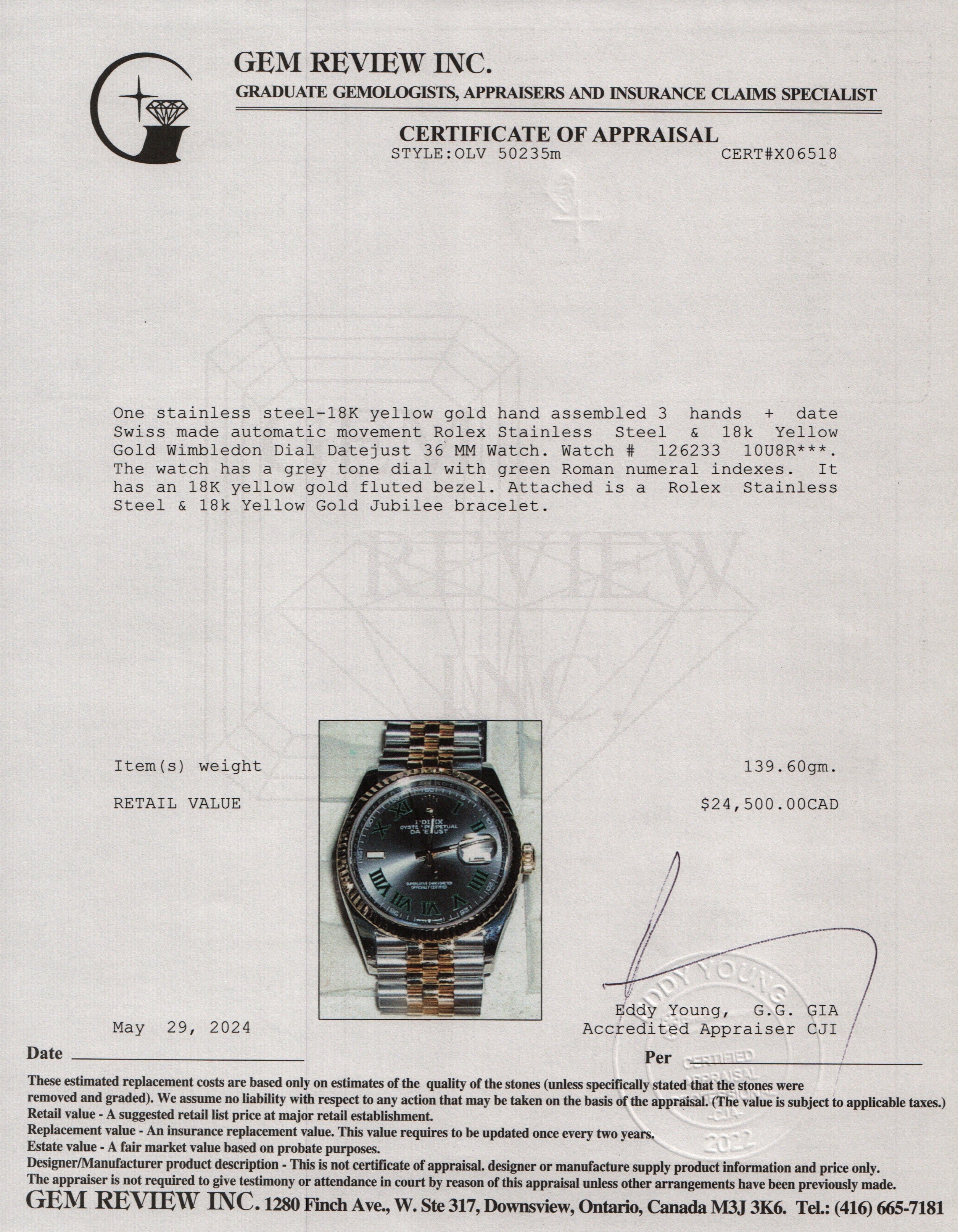Rolex Stainless Steel & 18k Yellow Gold Wimbledon Dial Datejust 36 MM Watch 126233 w/ Box & Papers