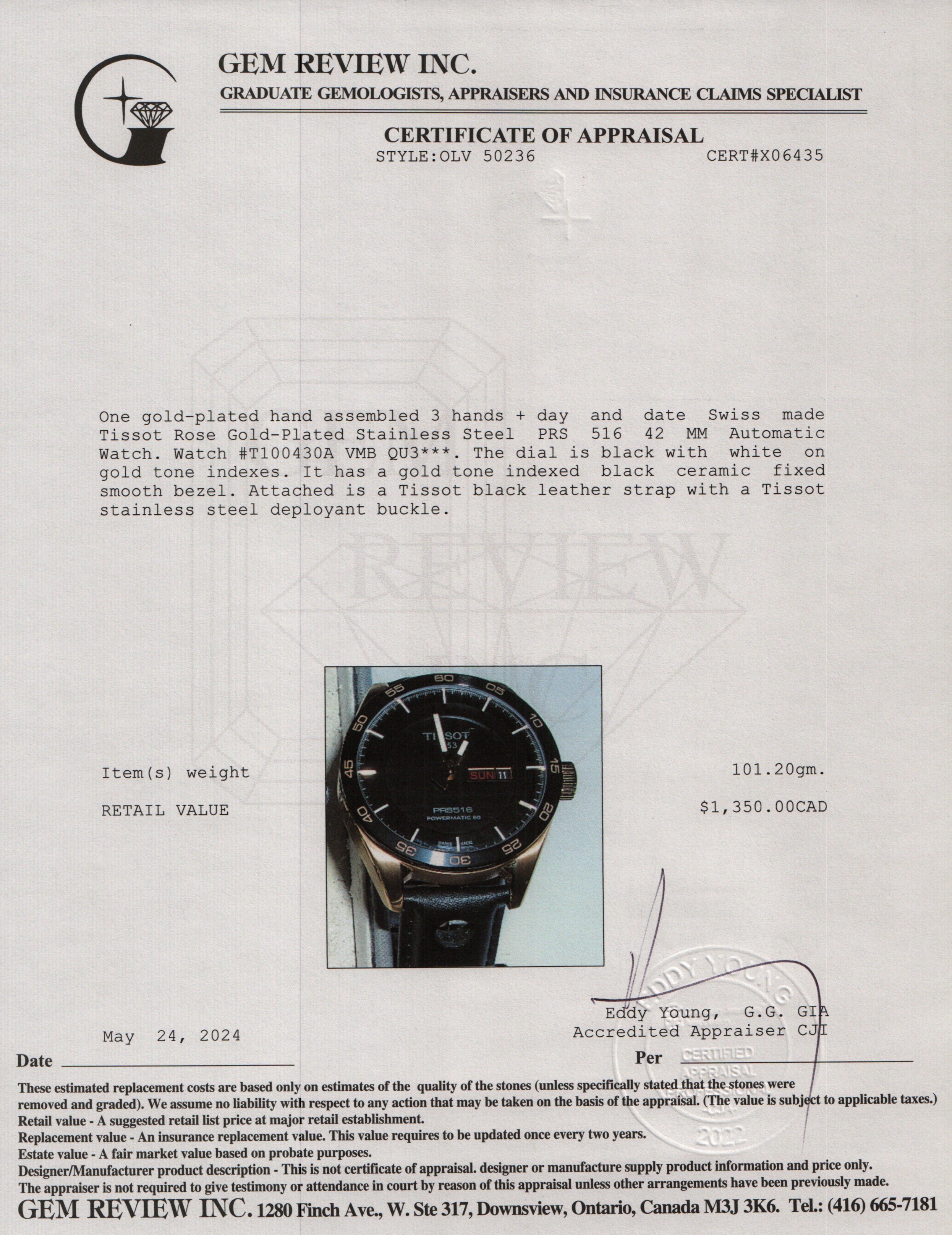 Tissot Rose Gold-Plated Stainless Steel PRS 516 42 MM Automatic Watch w/ Box & Papers