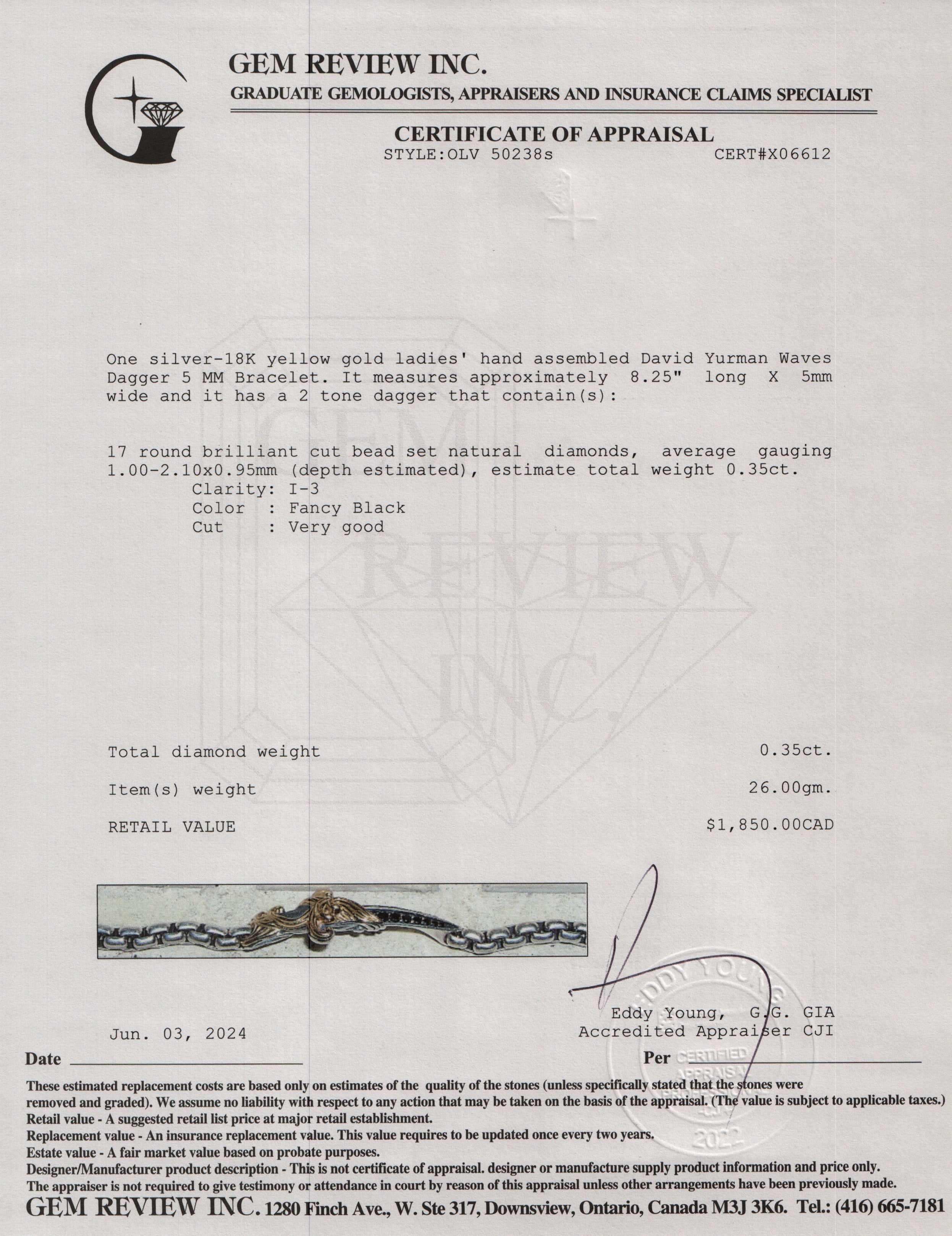 David Yurman Sterling Silver & 18k Yellow Gold Black Diamond Waves Dagger 5 MM Bracelet