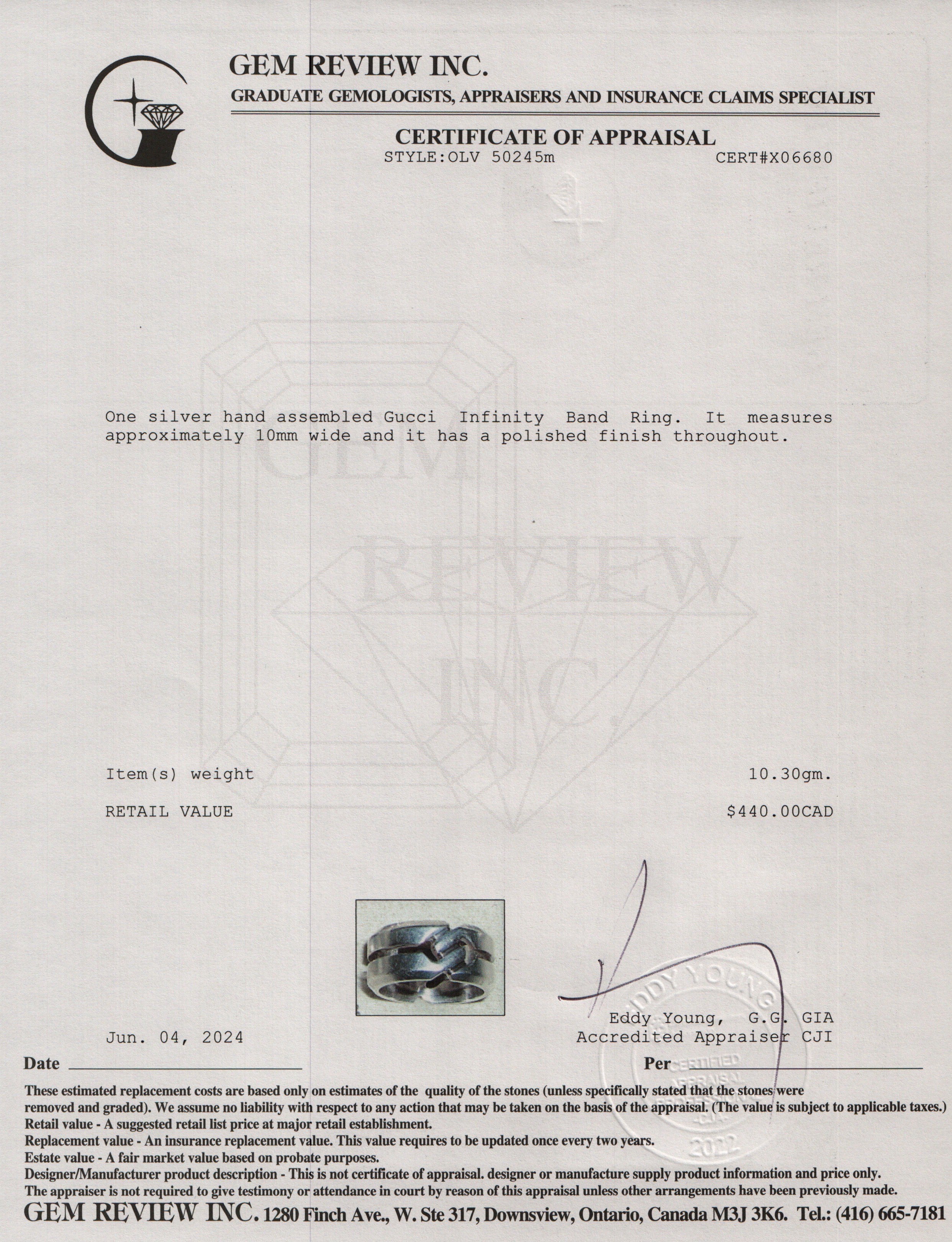 Gucci Sterling Silver Infinity Band Ring, Size 7.75