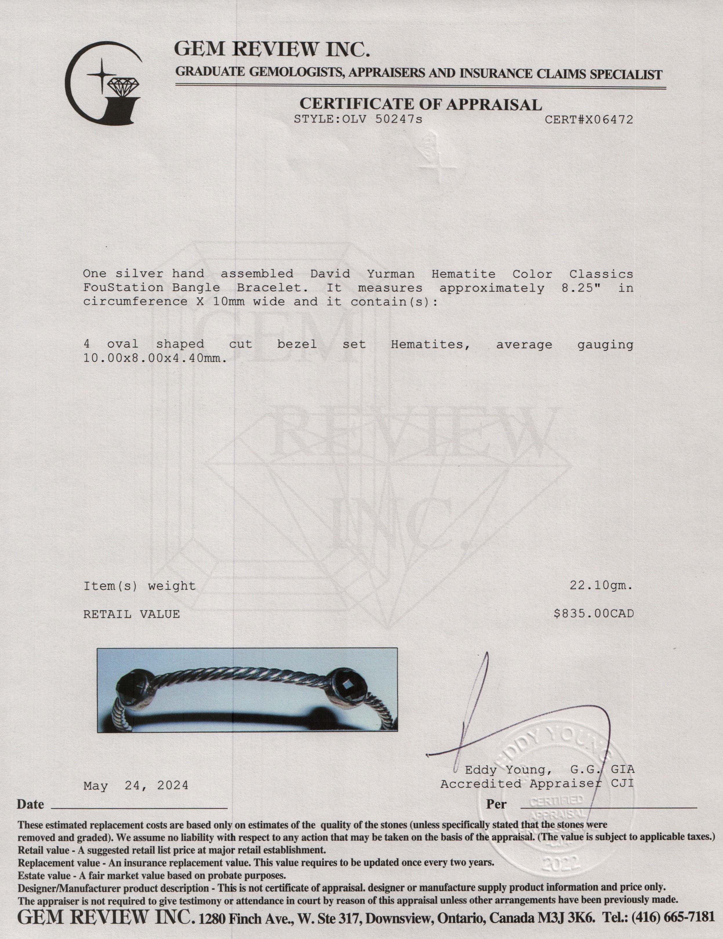 David Yurman Sterling Silver Hematite Color Classics Four Station Bangle Bracelet