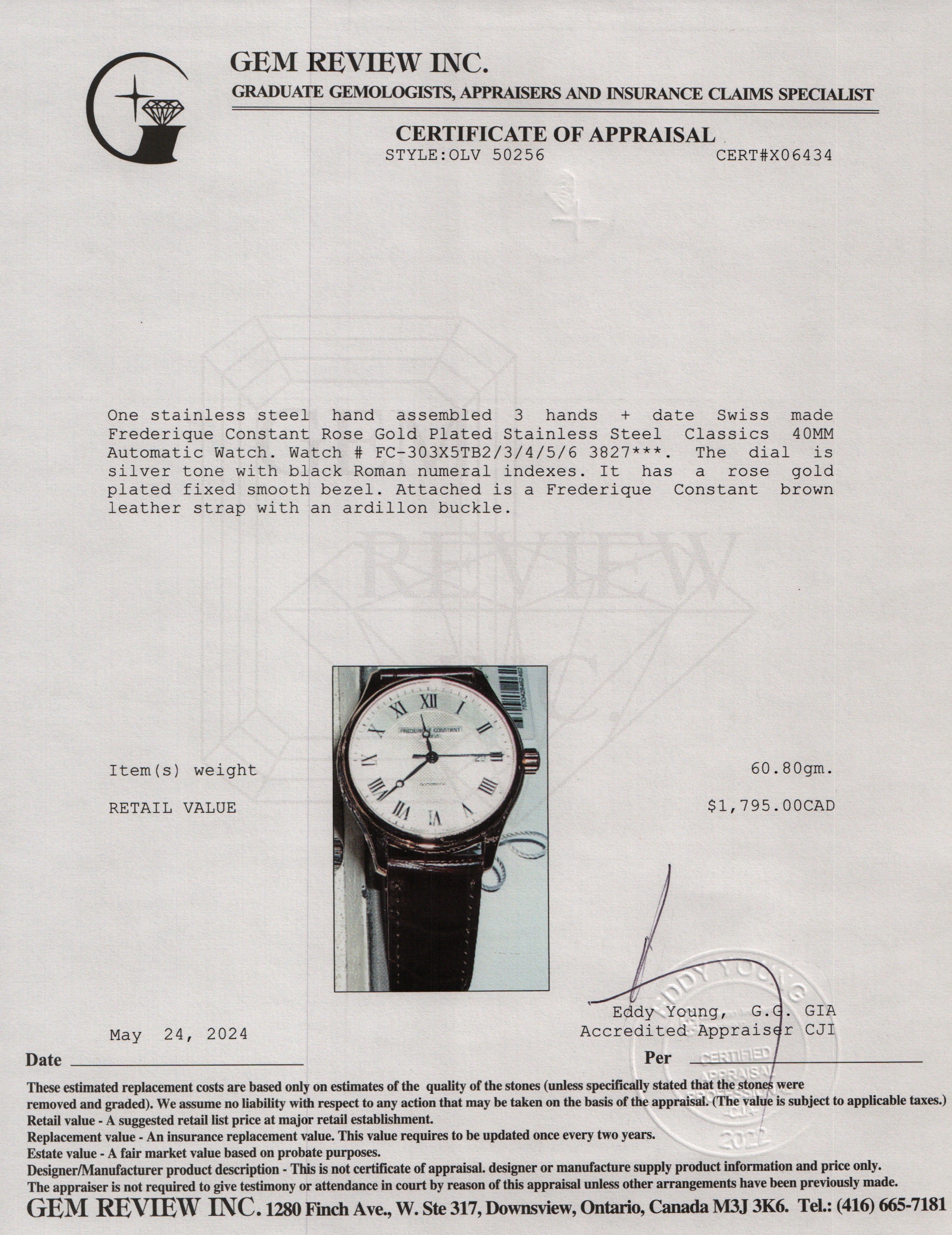 Frederique Constant Rose Gold Plated Stainless Steel Classics 40MM Automatic Watch w/ Box & Papers