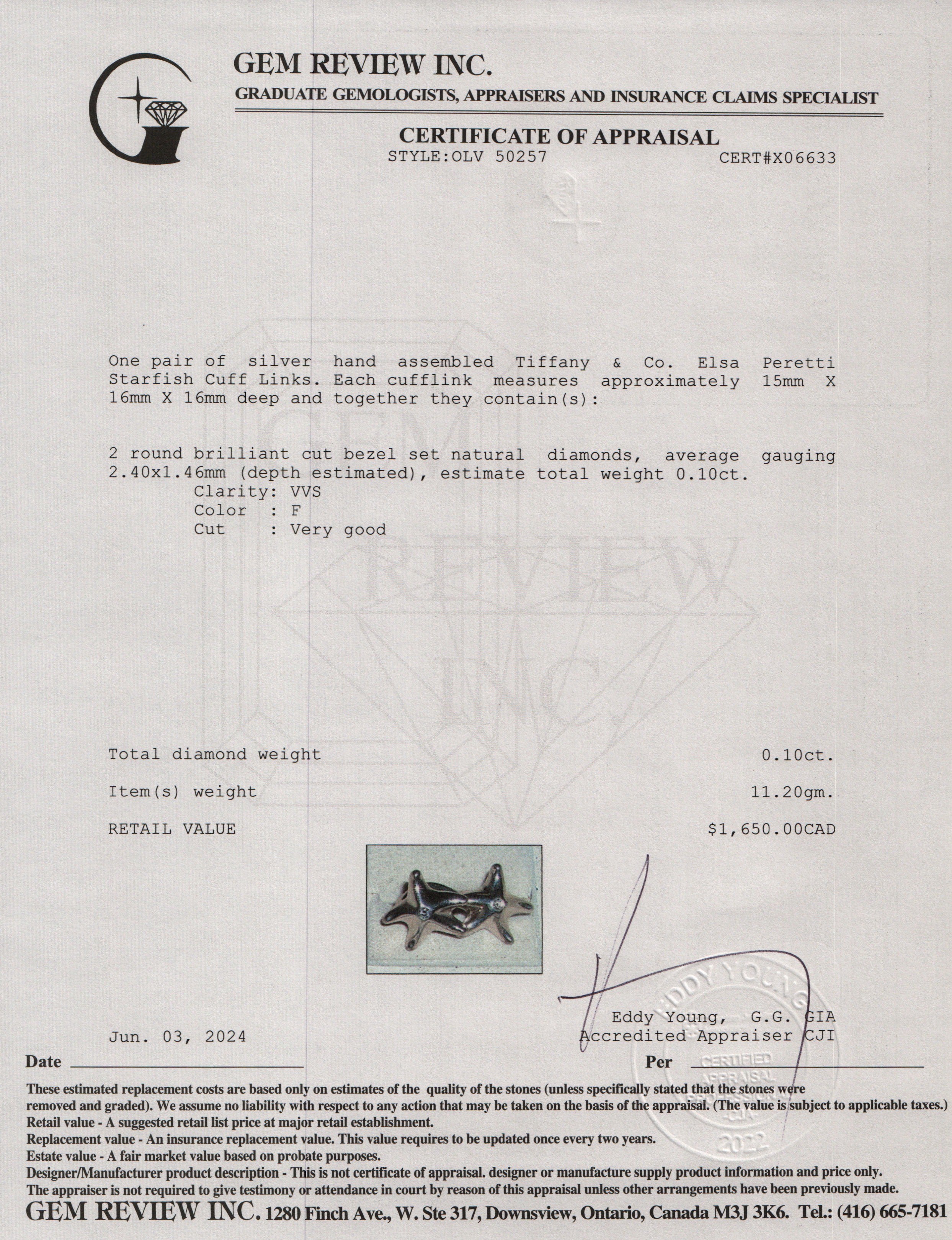 Tiffany & Co. Elsa Peretti Sterling Silver Diamond Starfish Cuff Links