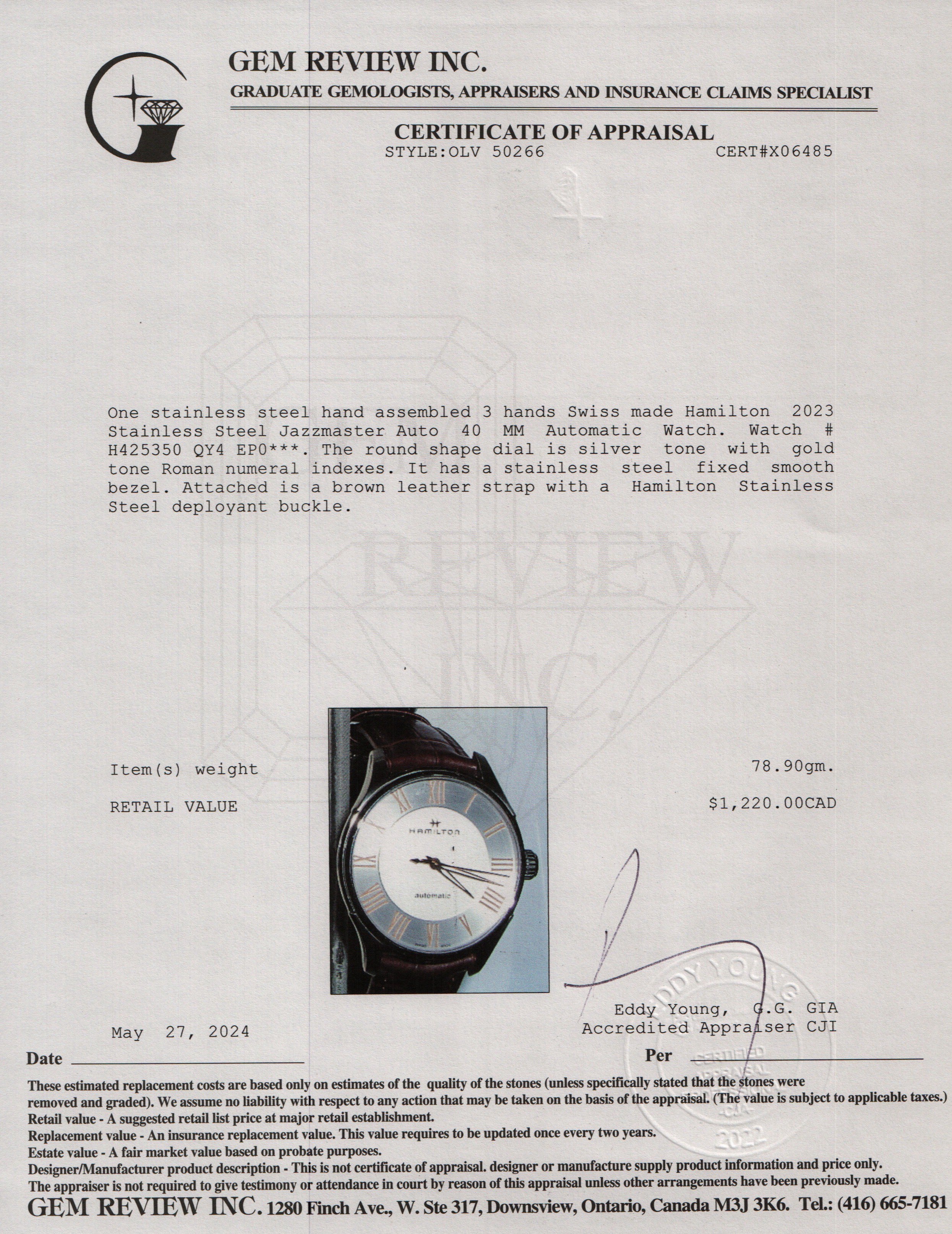 Hamilton 2023 Stainless Steel Jazzmaster Auto 40 MM Automatic Watch w/ Box & Papers